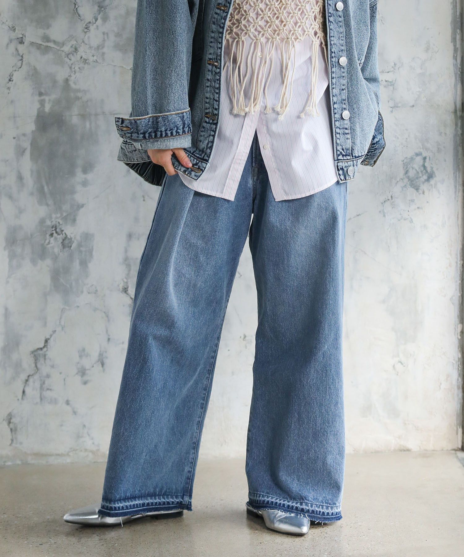 グリーン パークス Green Parks タックワイドデニムパンツ （ホワイト） ホワイト