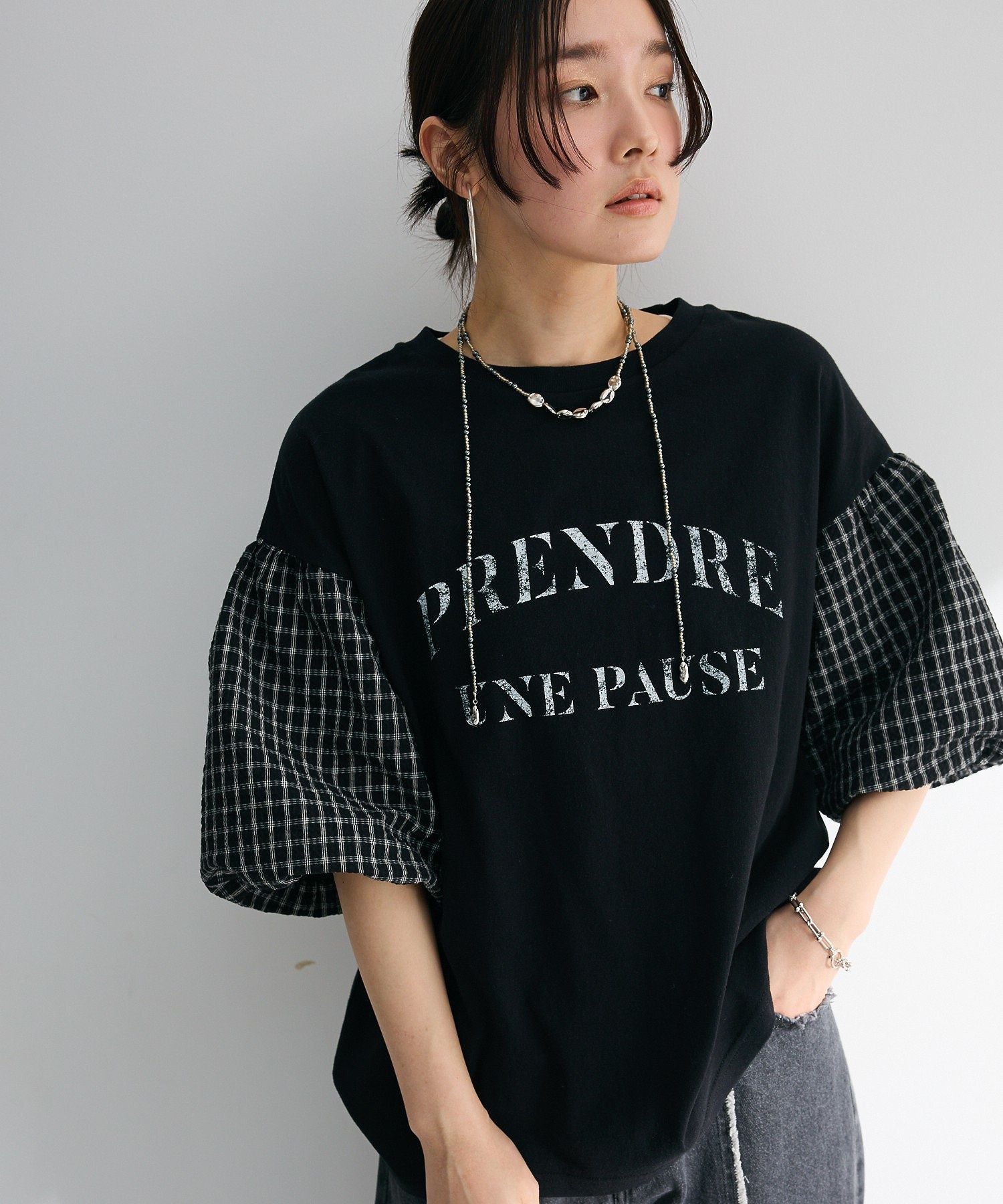グリーン パークス Green Parks チェックバルーンスリーブロゴチュニック （ネイビー） ネイビー