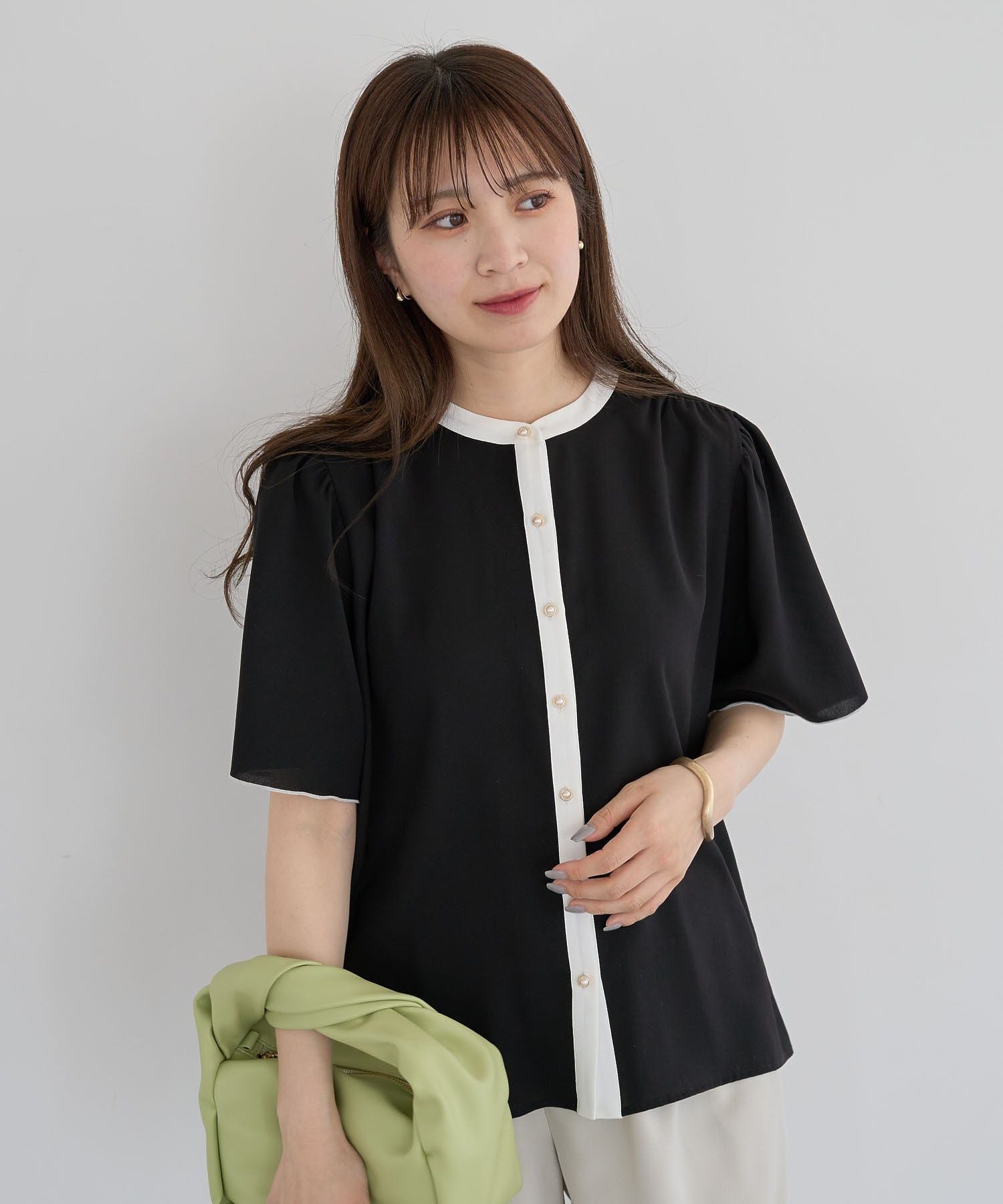 グリーン パークス Green Parks ・ELENCARE DUE バイカラーブラウス （ブラック） ブラック
