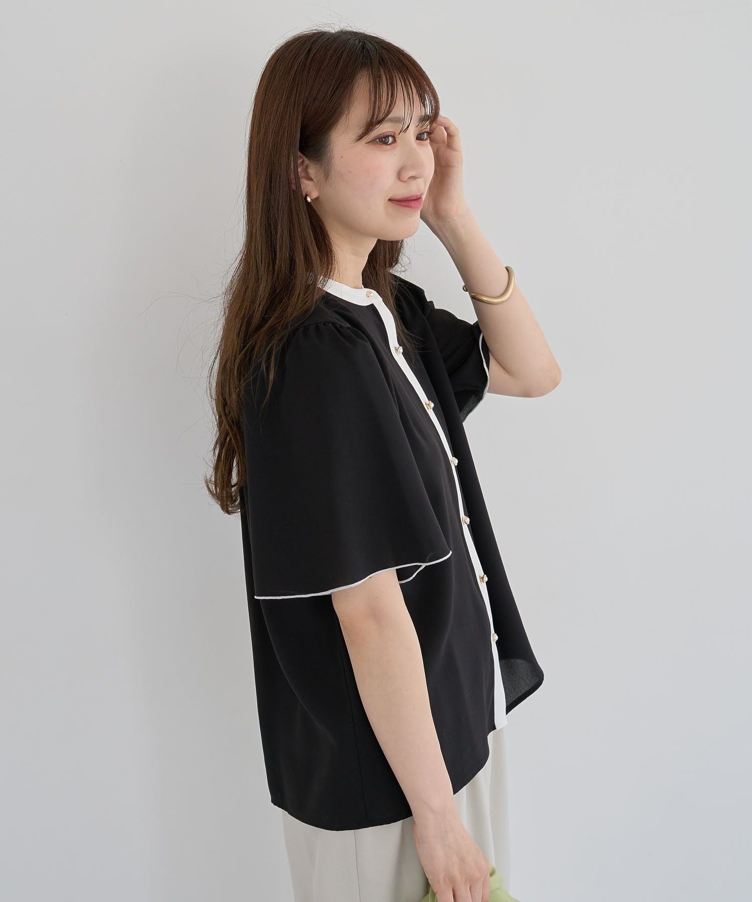 グリーン パークス Green Parks ・ELENCARE DUE バイカラーブラウス （ブラック） ブラック