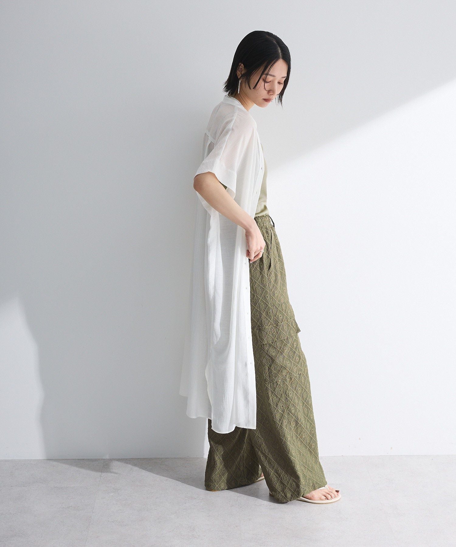 グリーン パークス Green Parks 半袖シアーシャツワンピース （オフホワイト） オフホワイト
