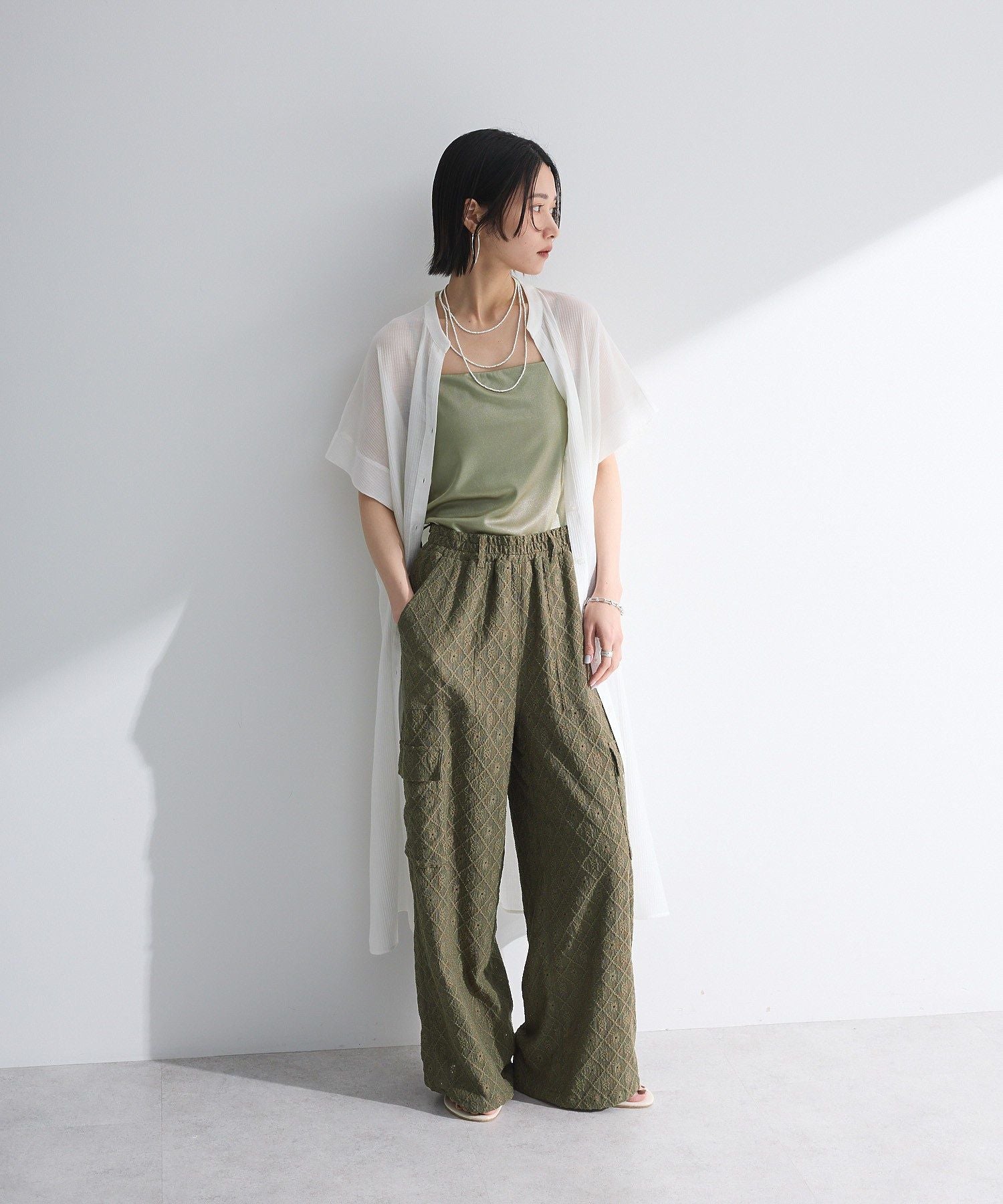 グリーン パークス Green Parks 半袖シアーシャツワンピース （オフホワイト） オフホワイト