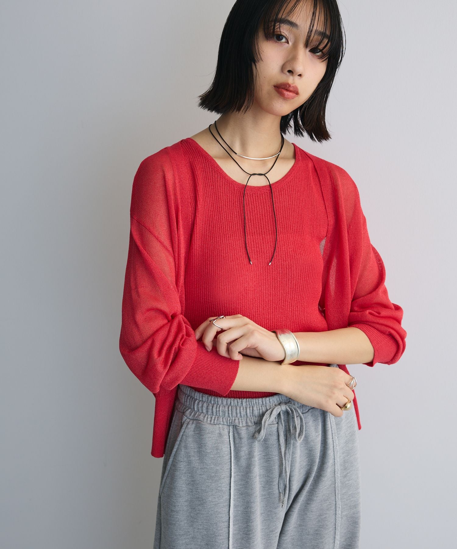 グリーン パークス Green Parks シアーカーディガン+タンクトップSET （レッド） レッド