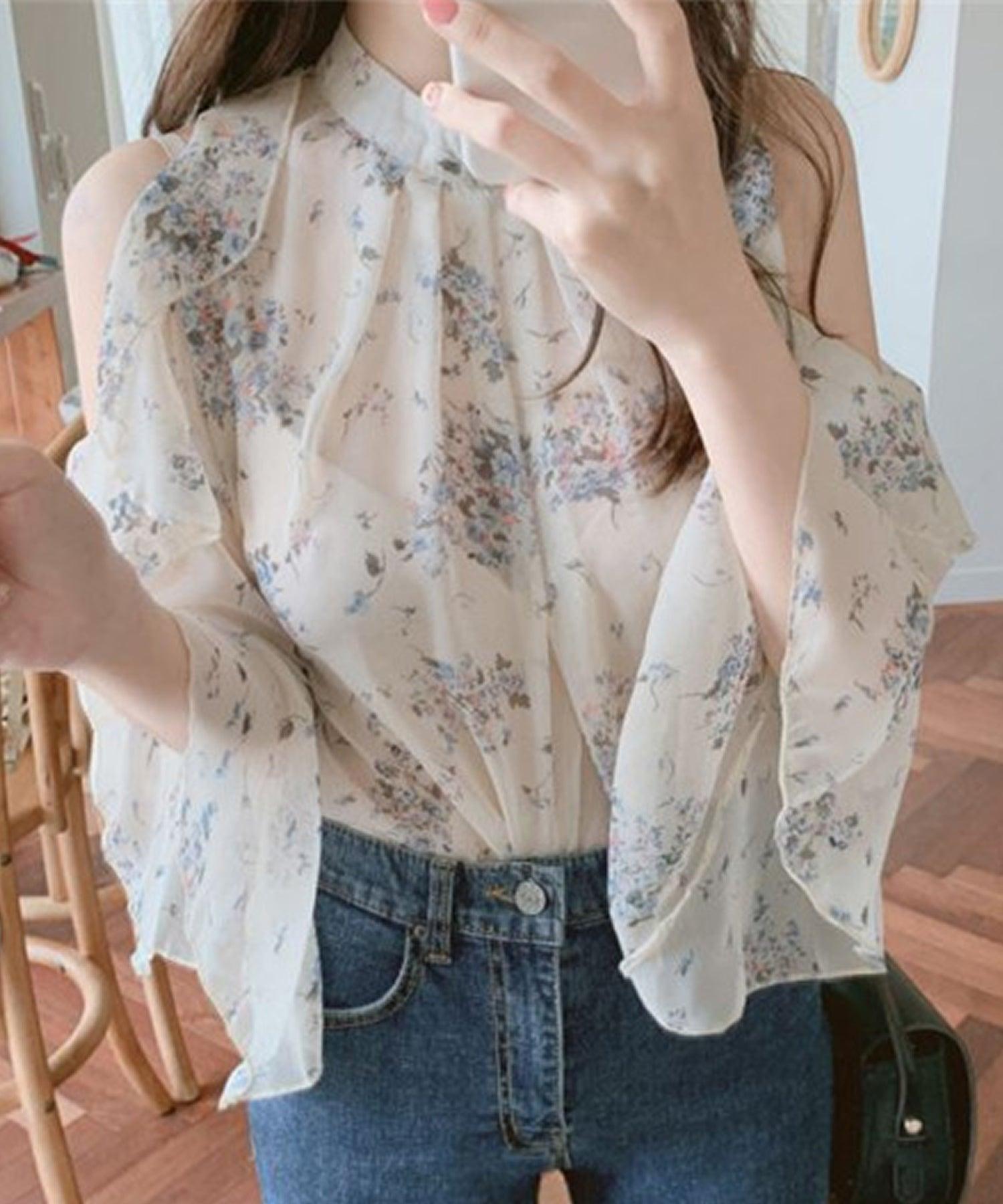 グランディール Grandeir オープンショルダー小花柄シフォンブラウス