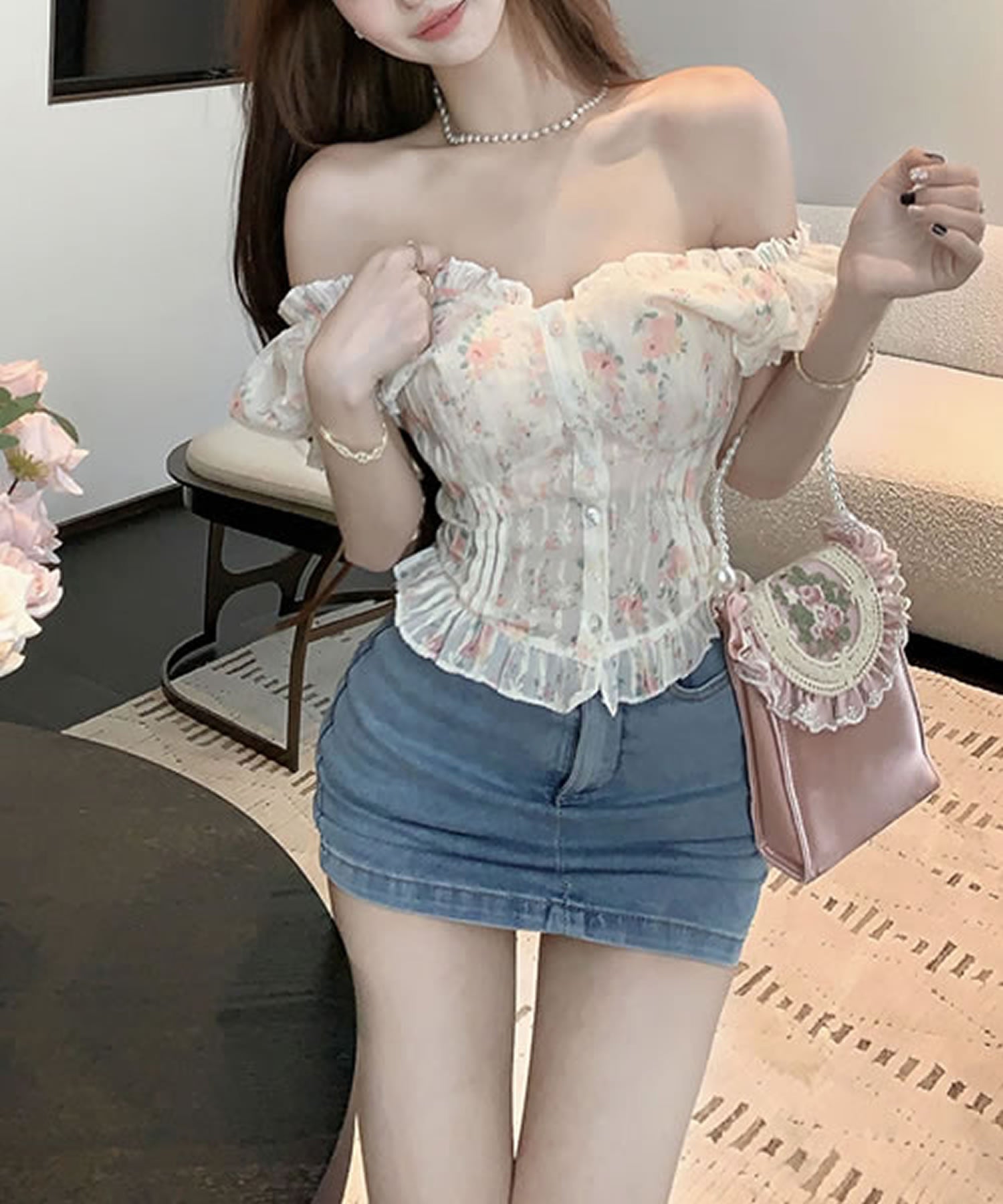Grandeir 2way 花卉圖案荷葉邊蕾絲女衫