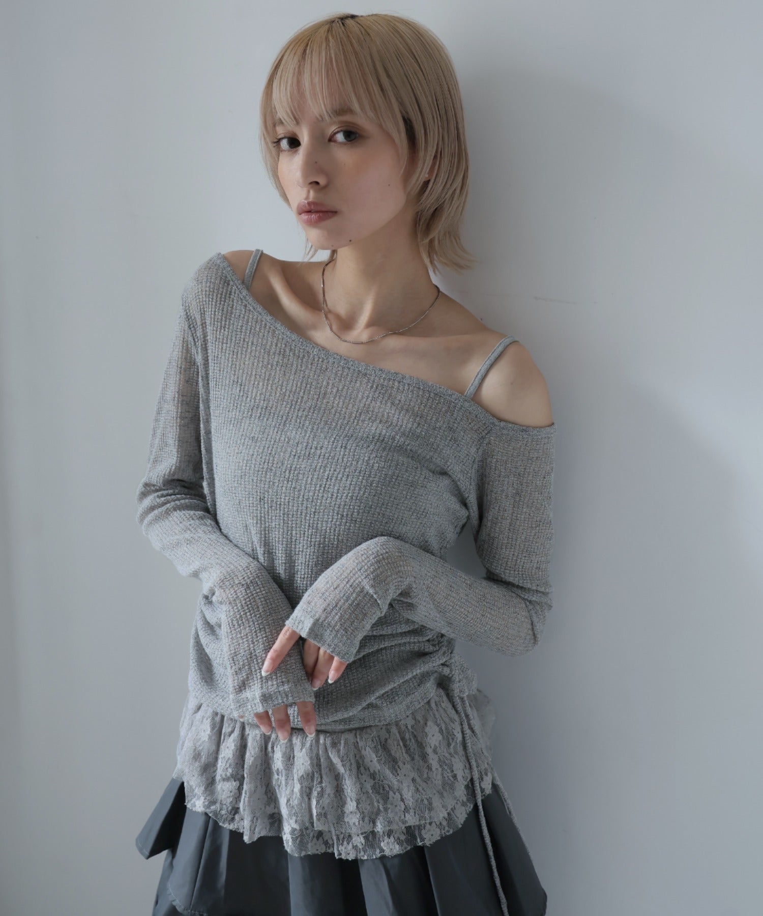 ガーリードール Girly Doll 2set サイドシャーリングカットソー＆レースキャミ （グレー） グレー