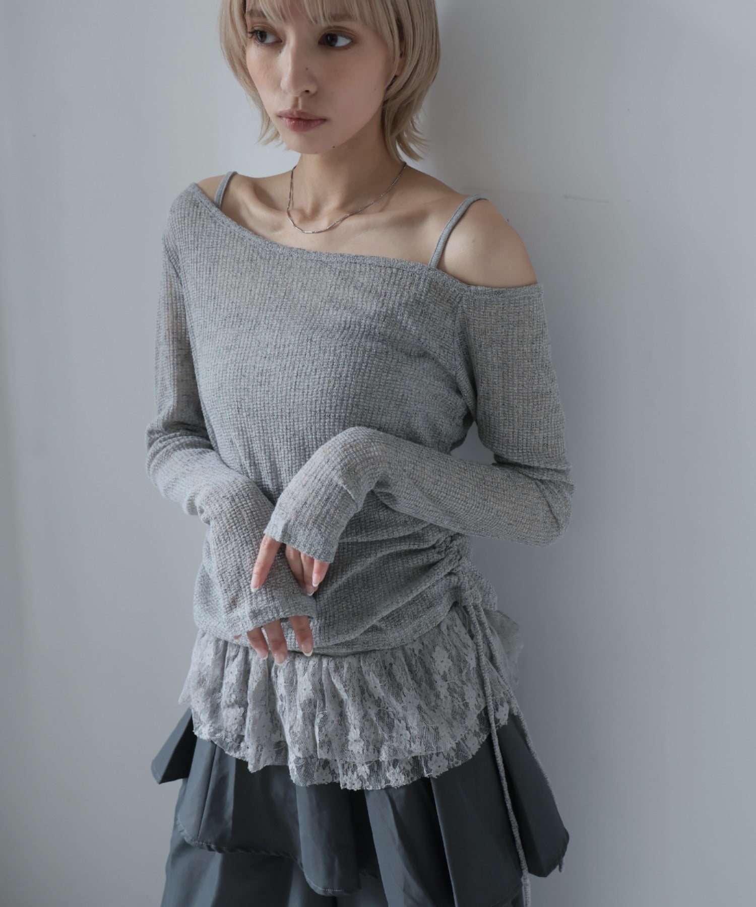 ガーリードール Girly Doll 2set サイドシャーリングカットソー＆レースキャミ （グレー） グレー