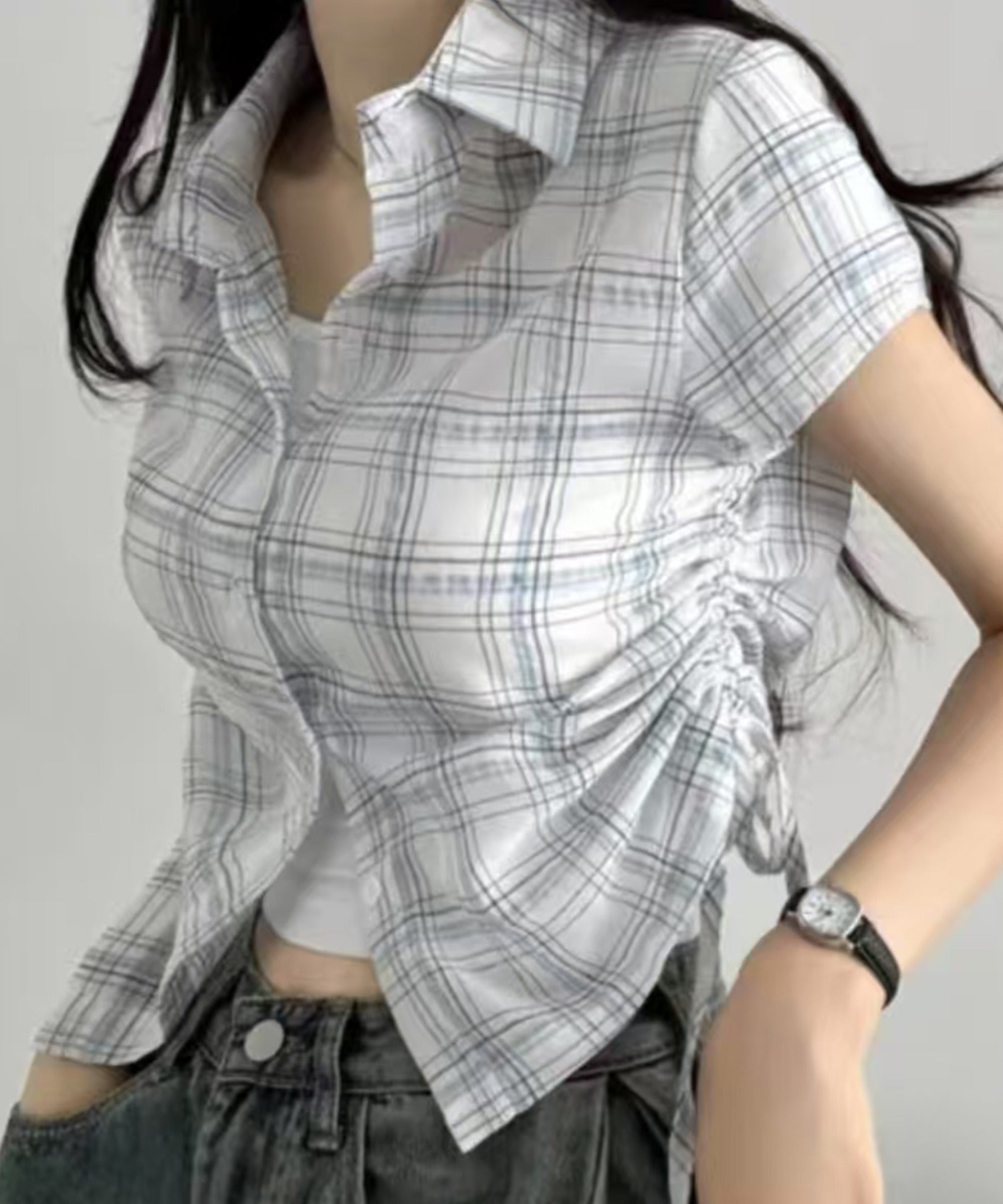 ガーリードール Girly Doll サイドシャーリングチェックシャツ （ホワイト） ホワイト
