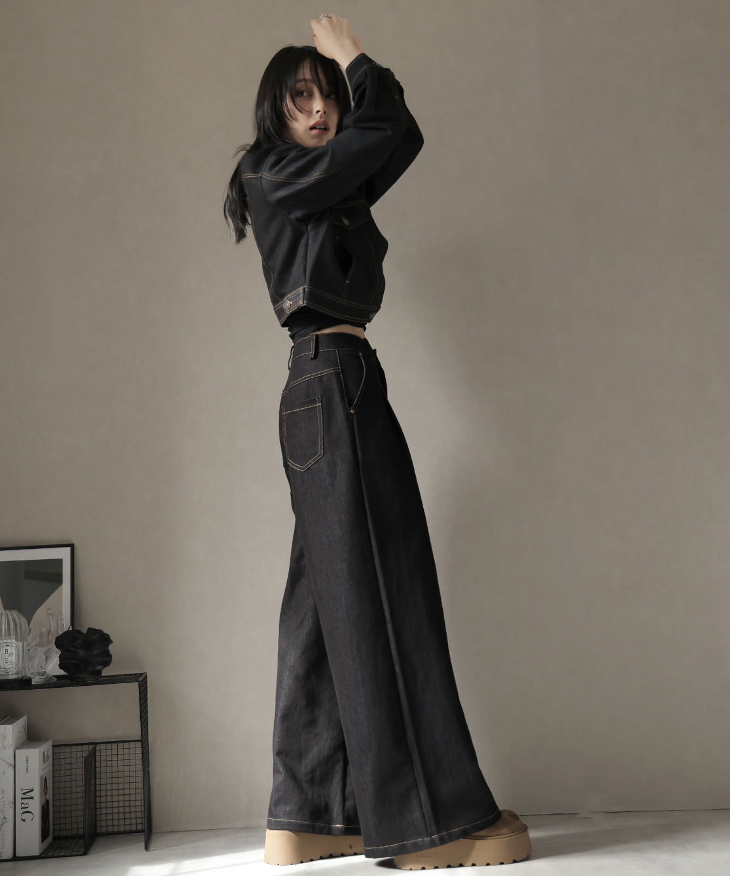 ガーリードール Girly Doll スカーフ付きデニムセットアップ ジャケット×パンツ （ブラック） ブラック