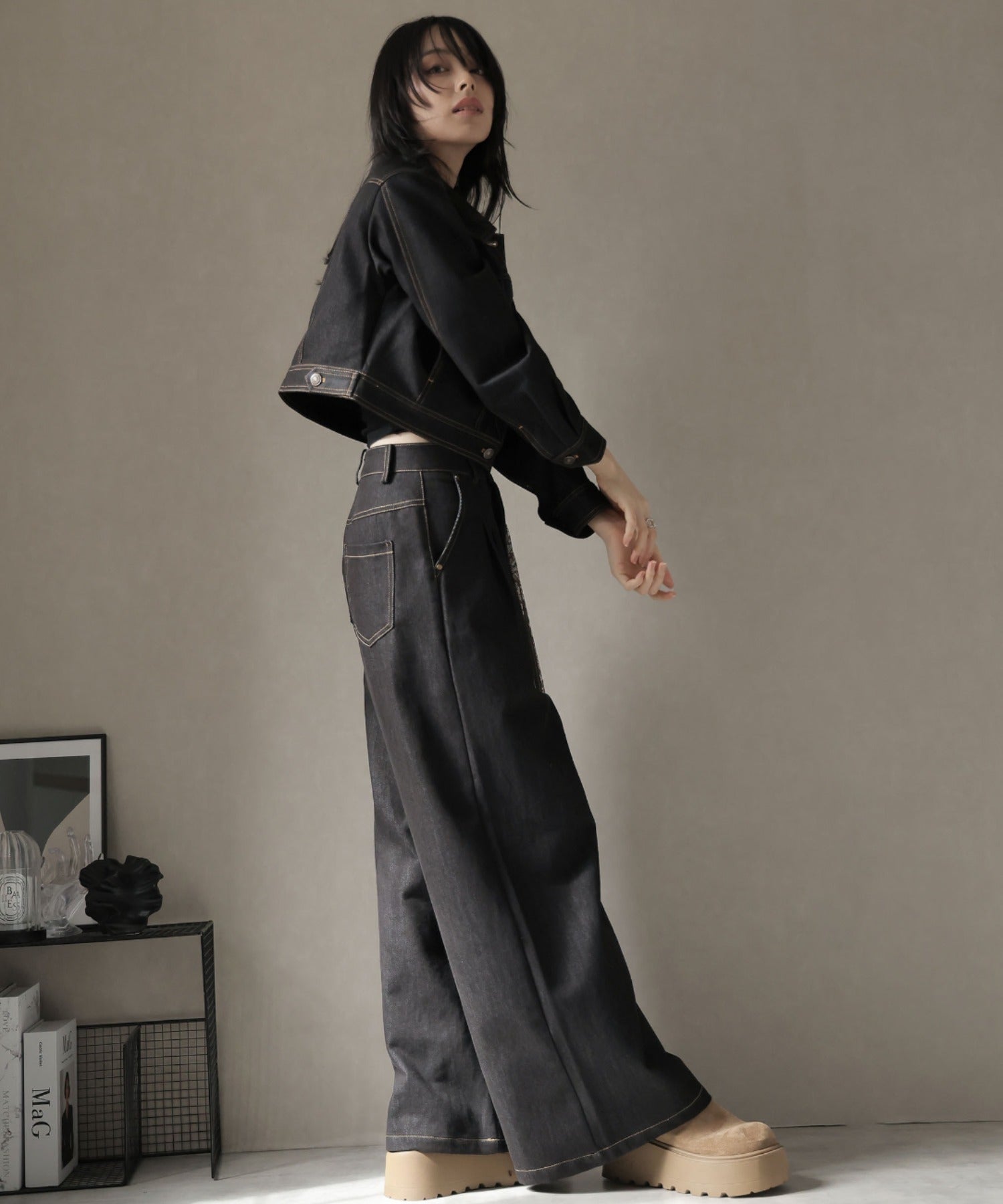 ガーリードール Girly Doll スカーフ付きデニムセットアップ ジャケット×パンツ （ブラック） ブラック