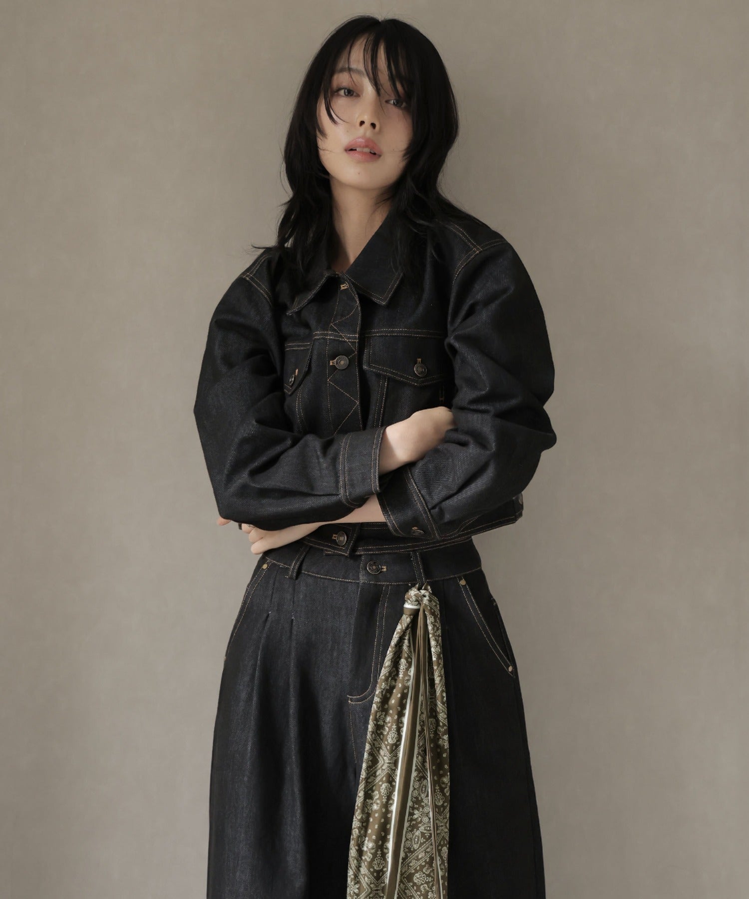 ガーリードール Girly Doll スカーフ付きデニムセットアップ ジャケット×パンツ （ブラック） ブラック