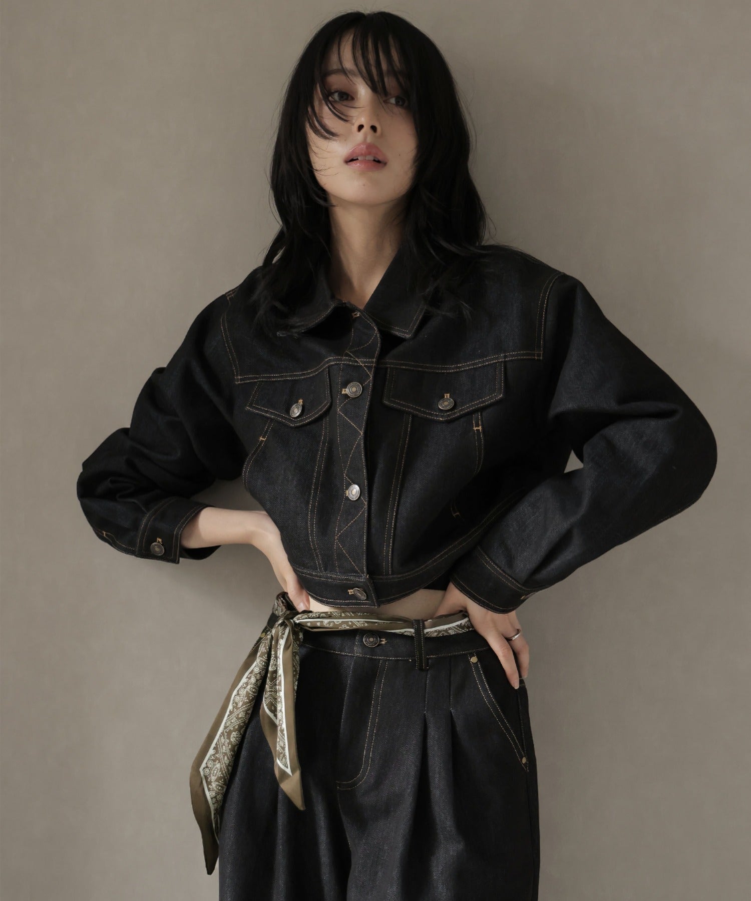 ガーリードール Girly Doll スカーフ付きデニムセットアップ ジャケット×パンツ （ブラック） ブラック