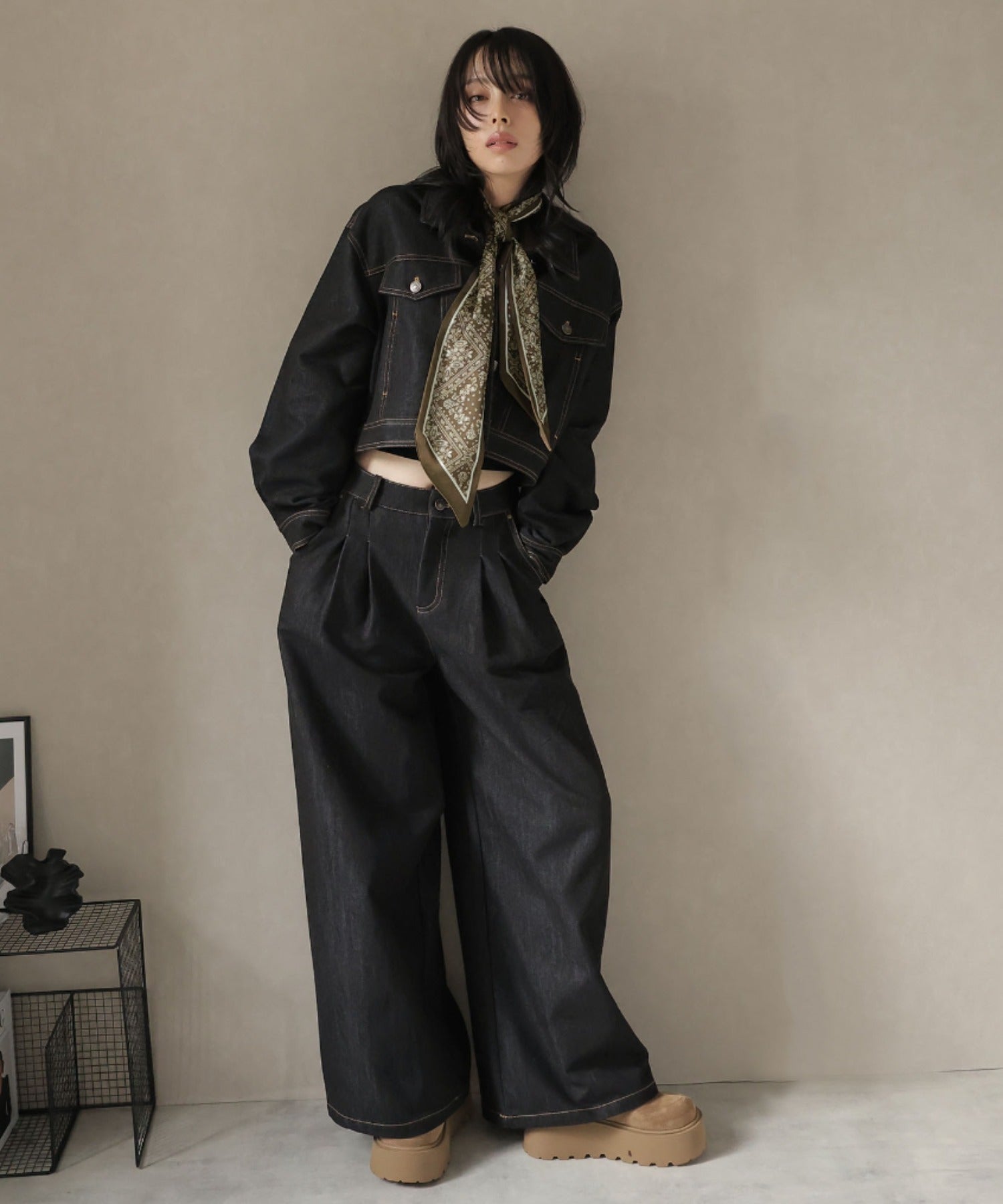 ガーリードール Girly Doll スカーフ付きデニムセットアップ ジャケット×パンツ （ブラック） ブラック