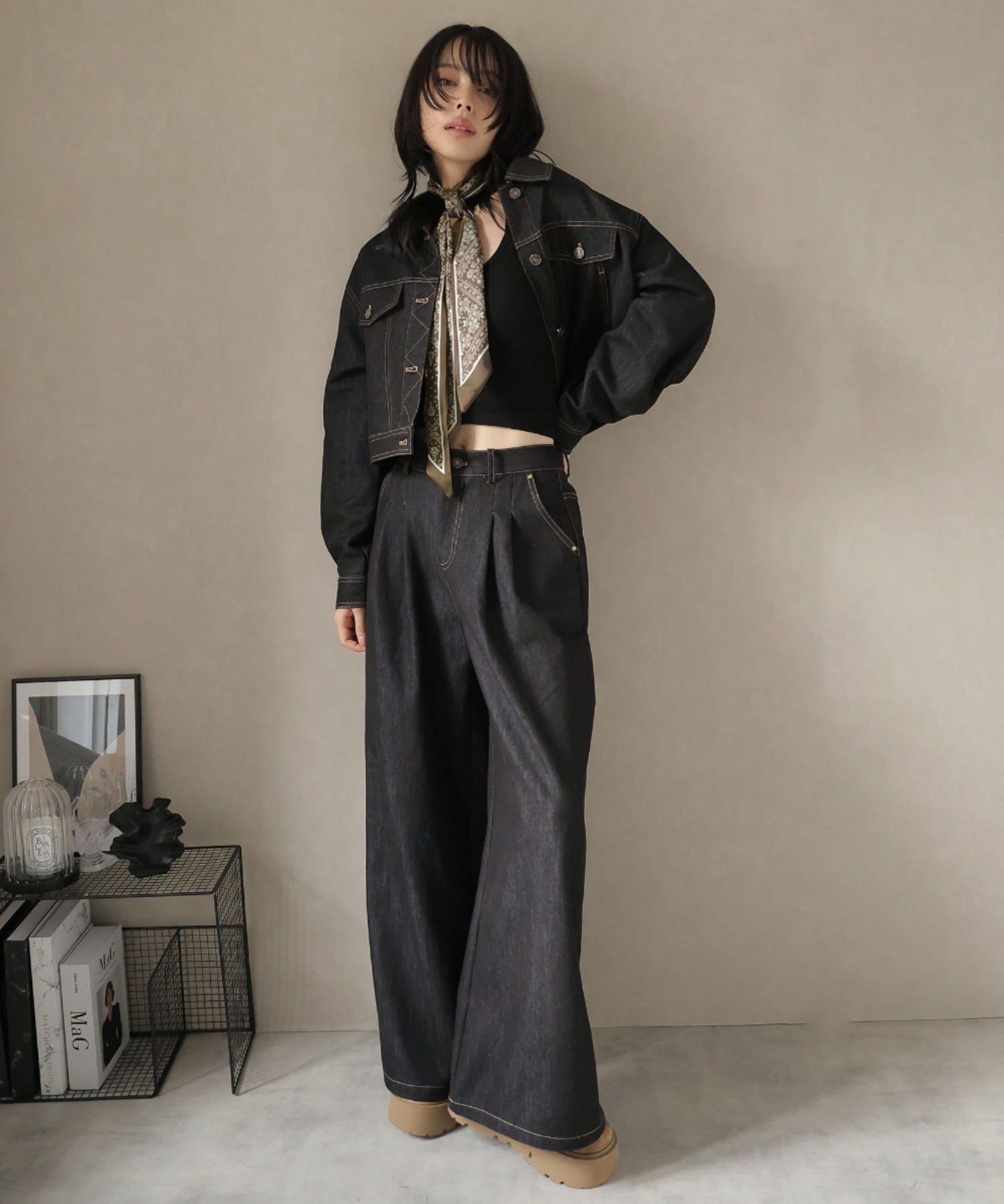 ガーリードール Girly Doll スカーフ付きデニムセットアップ ジャケット×パンツ （ブラック） ブラック