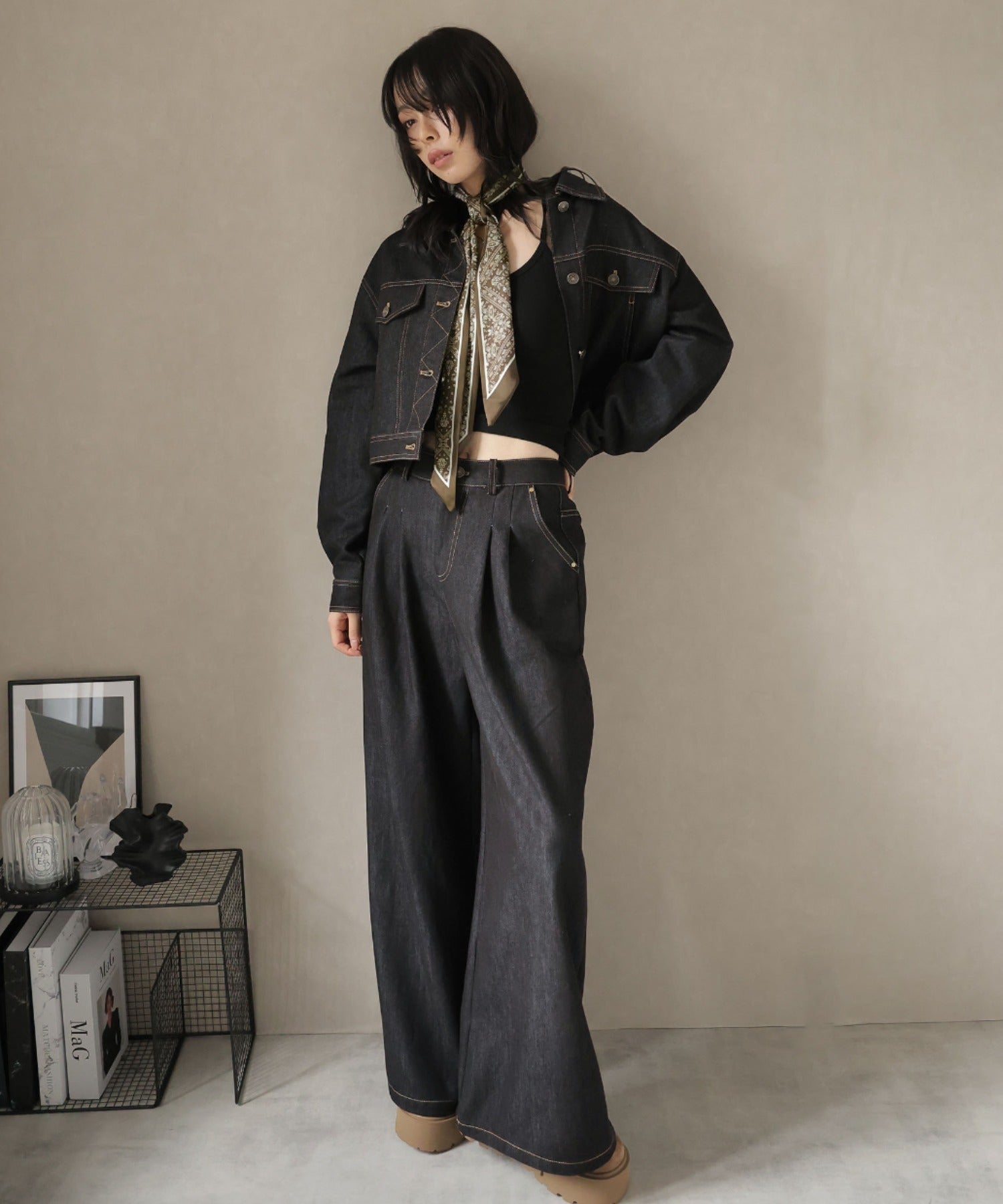 ガーリードール Girly Doll スカーフ付きデニムセットアップ ジャケット×パンツ （ブラック） ブラック