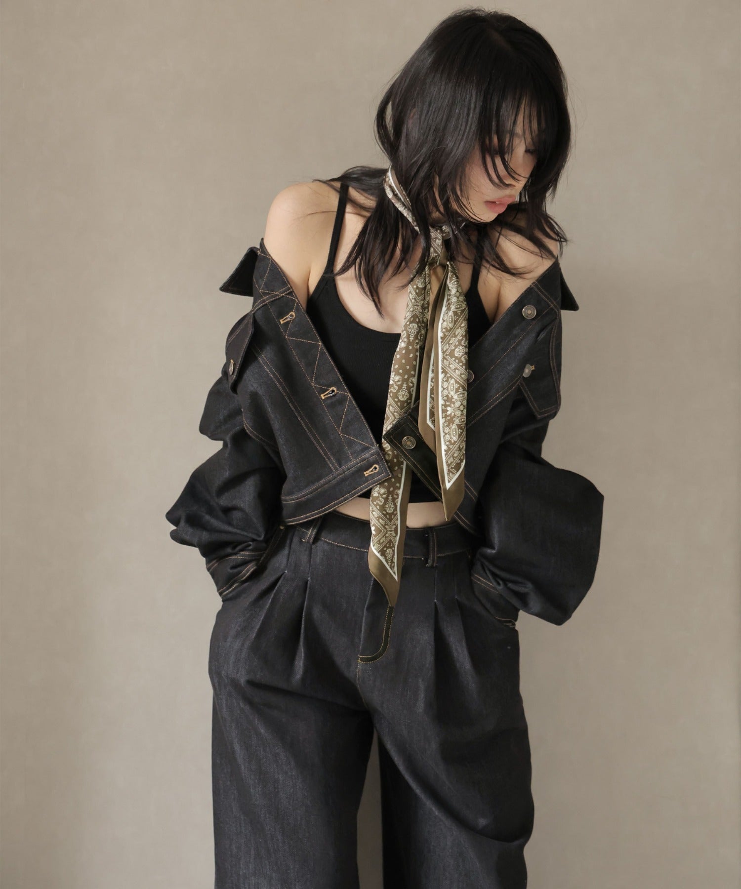 ガーリードール Girly Doll スカーフ付きデニムセットアップ ジャケット×パンツ （ブラック） ブラック