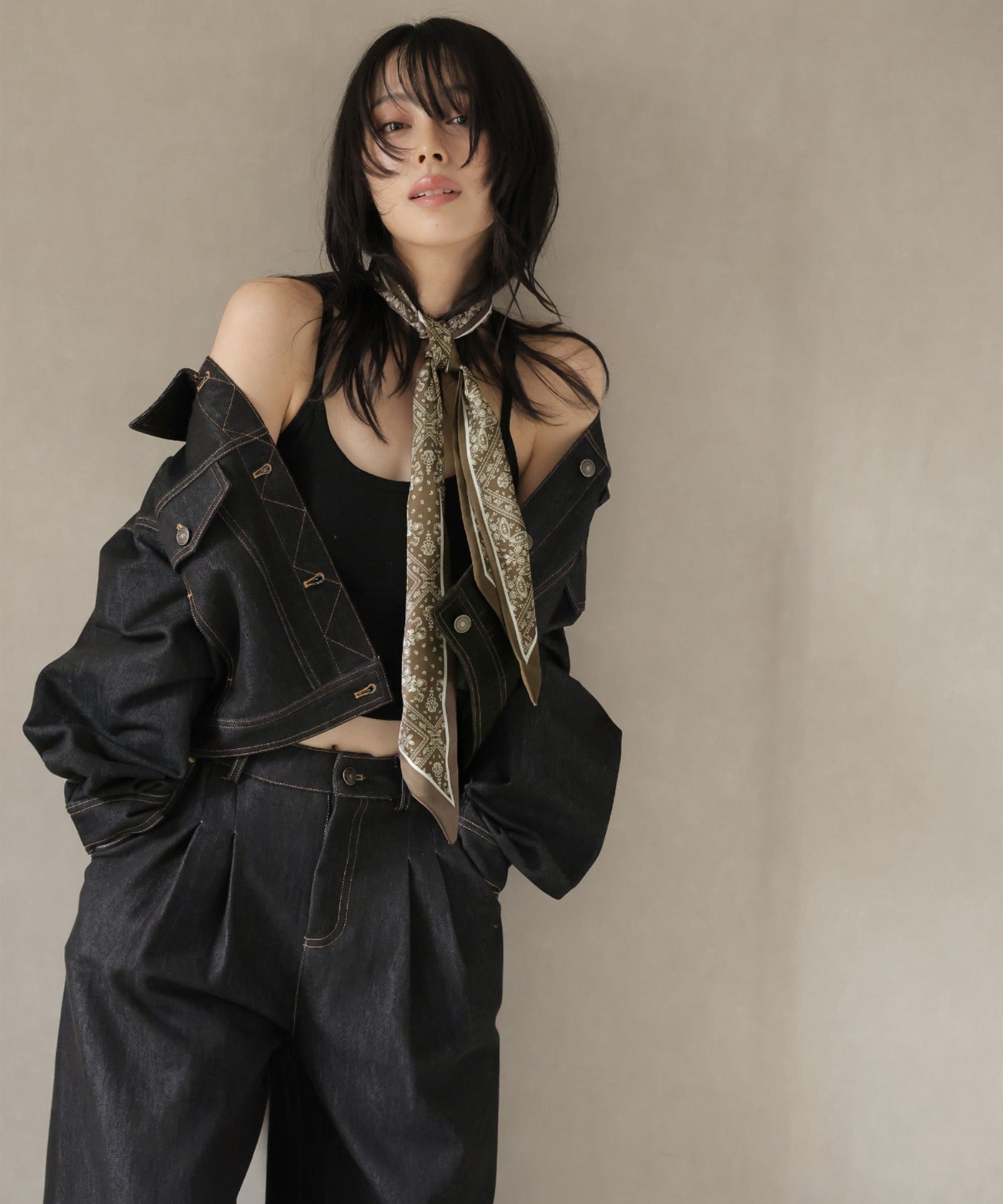 ガーリードール Girly Doll スカーフ付きデニムセットアップ ジャケット×パンツ （ブラック） ブラック