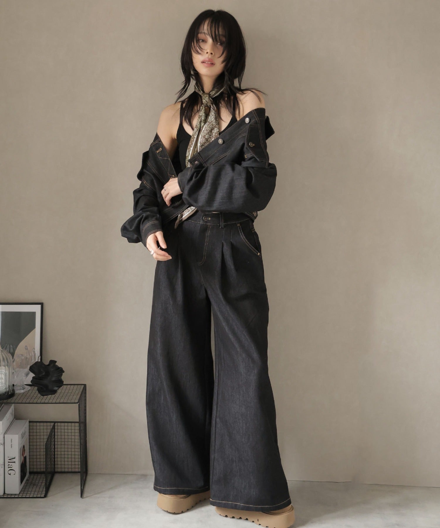 ガーリードール Girly Doll スカーフ付きデニムセットアップ ジャケット×パンツ （ブラック） ブラック