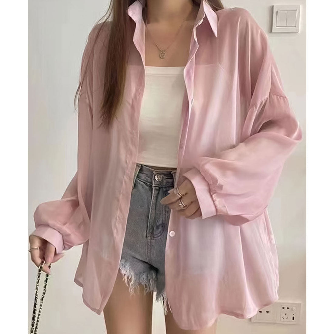 ガーリードール Girly Doll シャイニーシアーシャツ【韓国ファッション】 （ライトピンク） ライトピンク