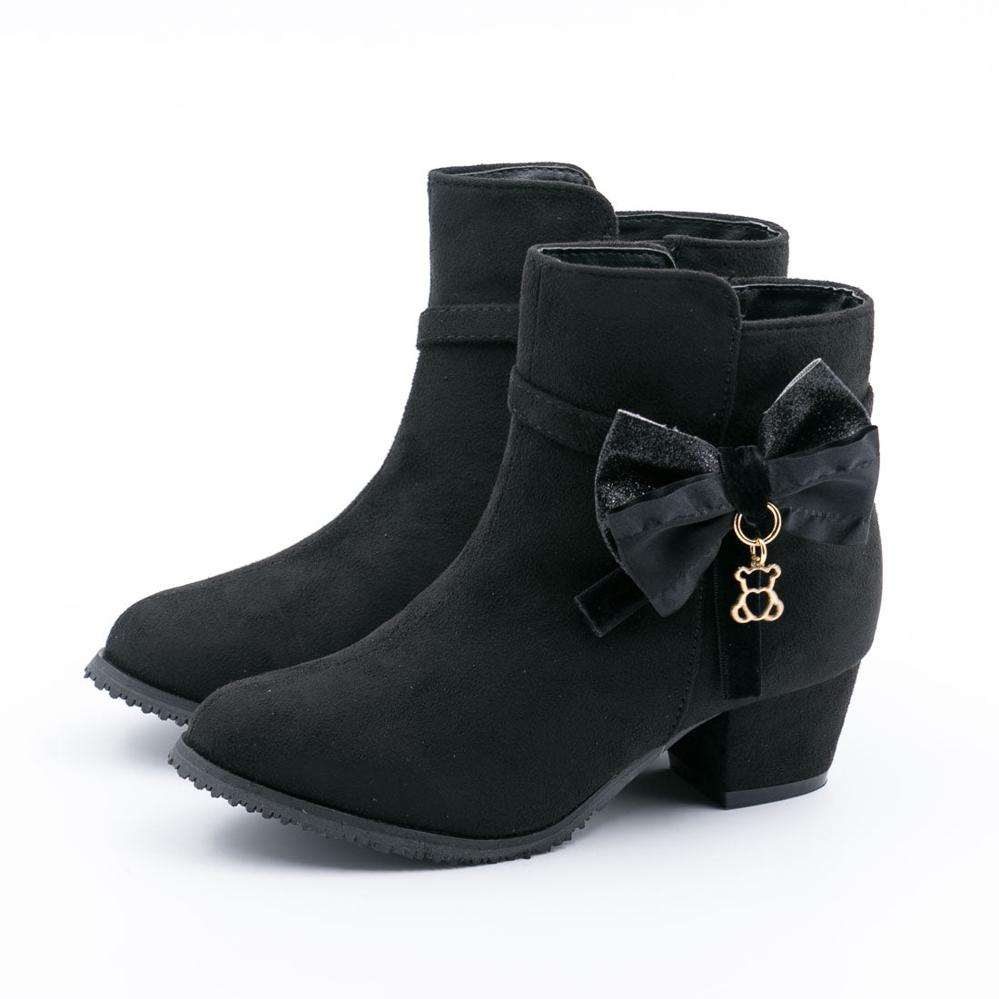 ギャラリー gallery キッズ ジュニア 女の子 子供 ブーツ リボン クマ チャーム スエード調 低反発インソール 滑り止め （ブラック） ブラック