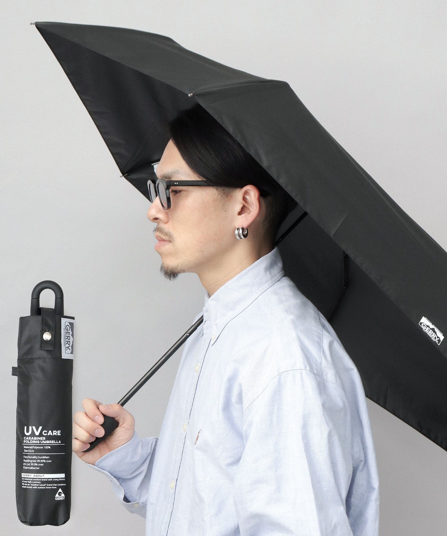 ジェリー GERRY 晴雨兼用 折り畳み メンズ日傘 手元カラビナ仕様 55cm （ブラック） ブラック