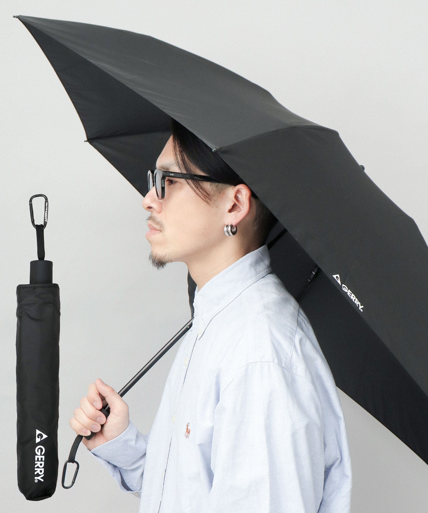 ジェリー GERRY 超撥水 軽量・スリム スマート メンズ折傘 大きめサイズ 58cm カラビナ付き （ブラック） ブラック