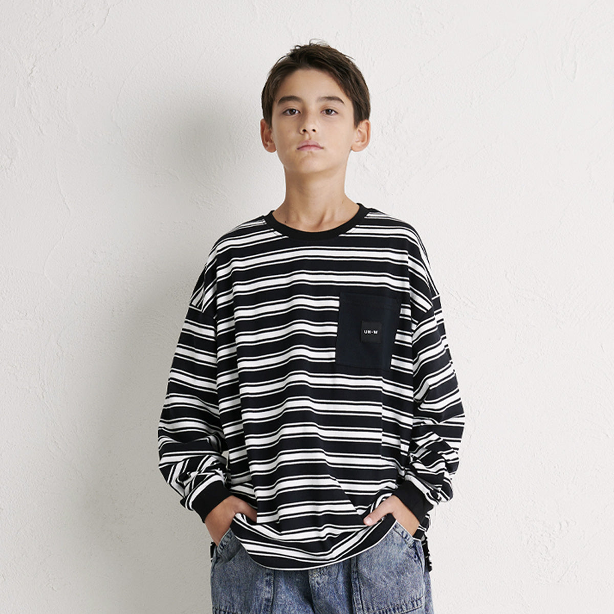 ディフィット D.FIT ボーダーBIG 長袖Tシャツ,オフ×ブラック