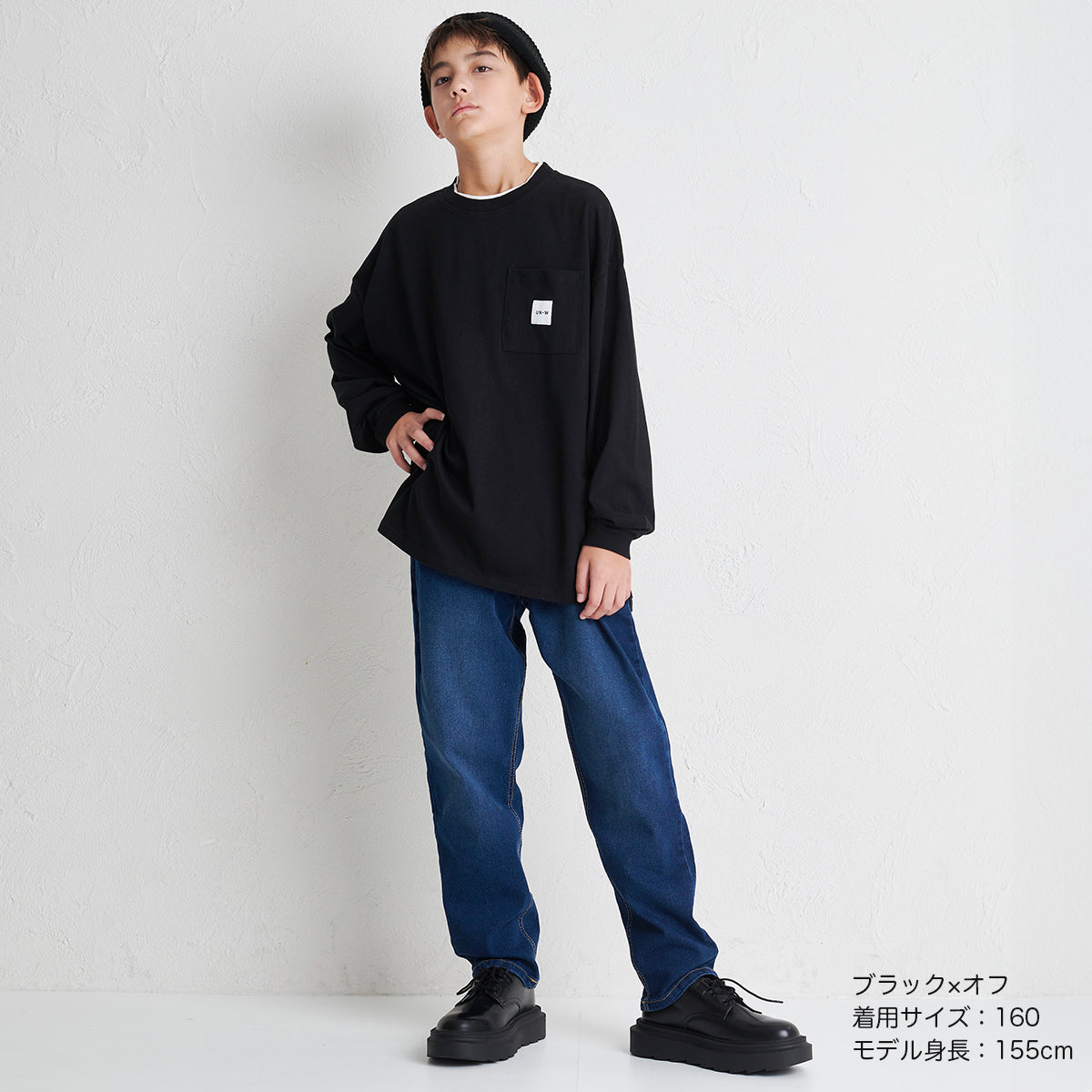 ディフィット D.FIT 2重襟BIG長袖Tシャツ,ブラック×オフ