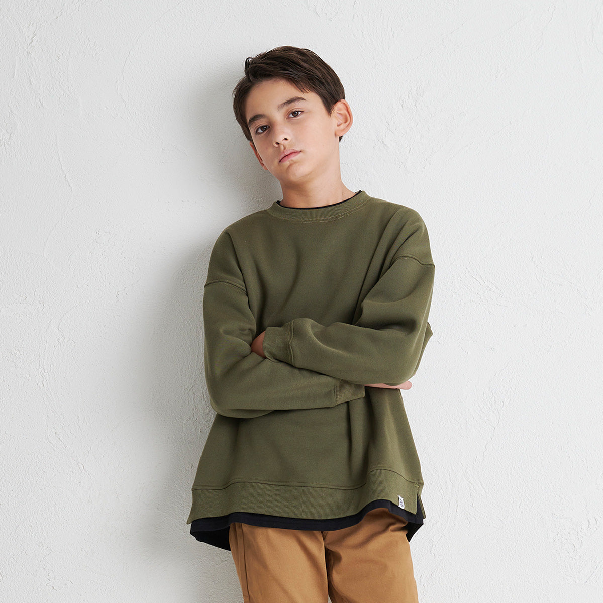 D.FIT Defeat Fleece Lined Double Collar Fake Layered BIG Sweatshirt Trainer BIG Silhouette