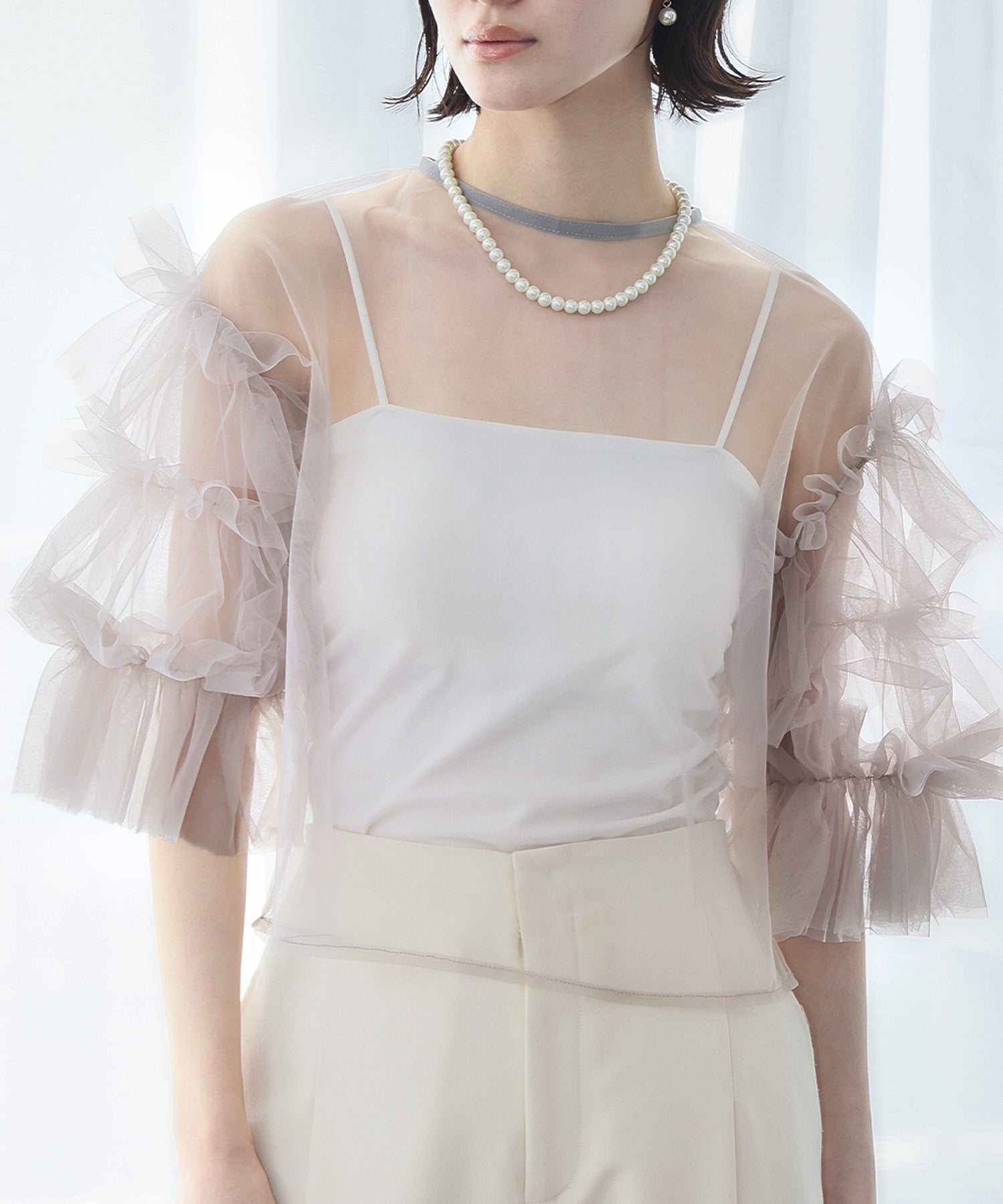 ガール GIRL チュールボリュームスリーブトップス 結婚式 パーティー オケージョン お呼ばれ （グレー） グレー