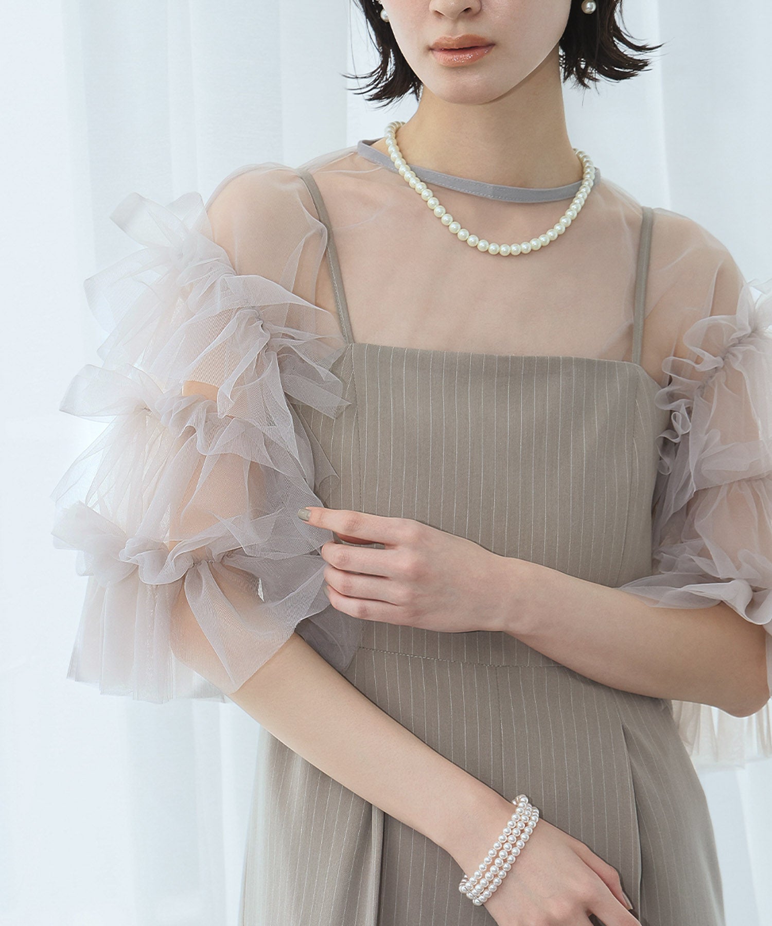 ガール GIRL チュールボリュームスリーブトップス 結婚式 パーティー オケージョン お呼ばれ （グレー） グレー