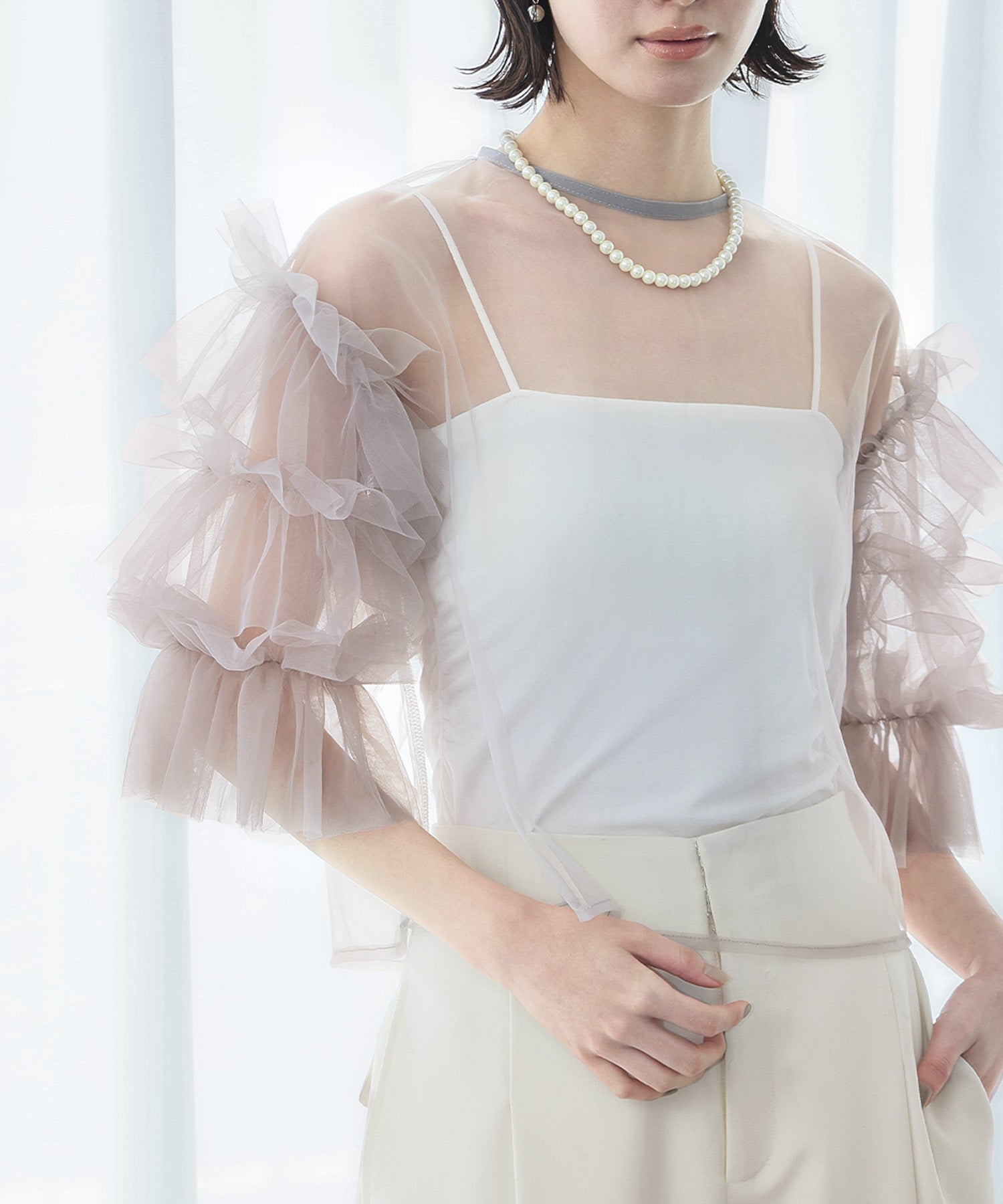 ガール GIRL チュールボリュームスリーブトップス 結婚式 パーティー オケージョン お呼ばれ （グレー） グレー