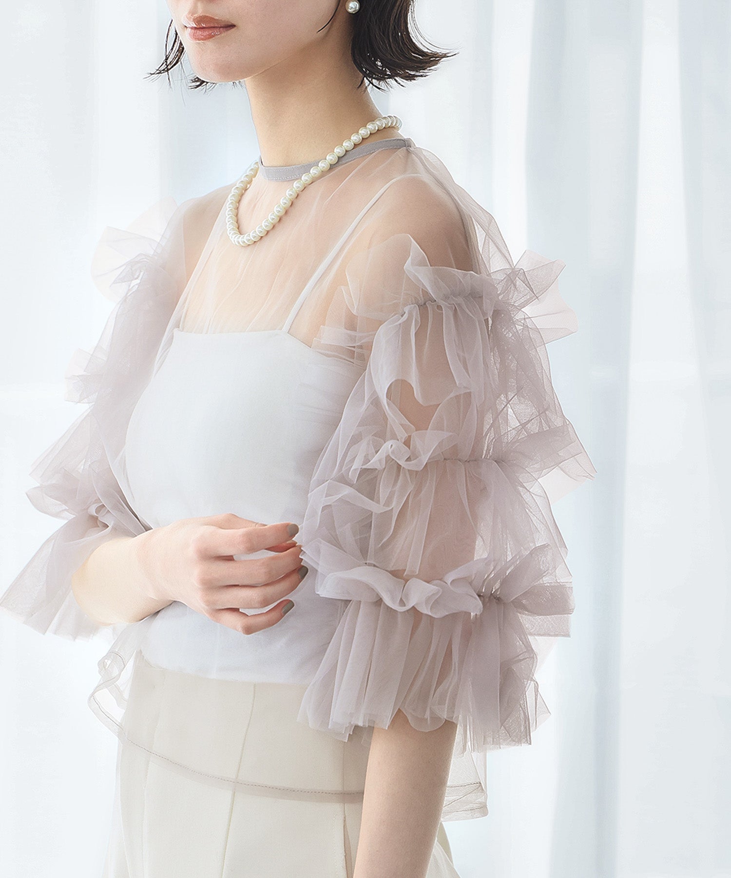 ガール GIRL チュールボリュームスリーブトップス 結婚式 パーティー オケージョン お呼ばれ （グレー） グレー