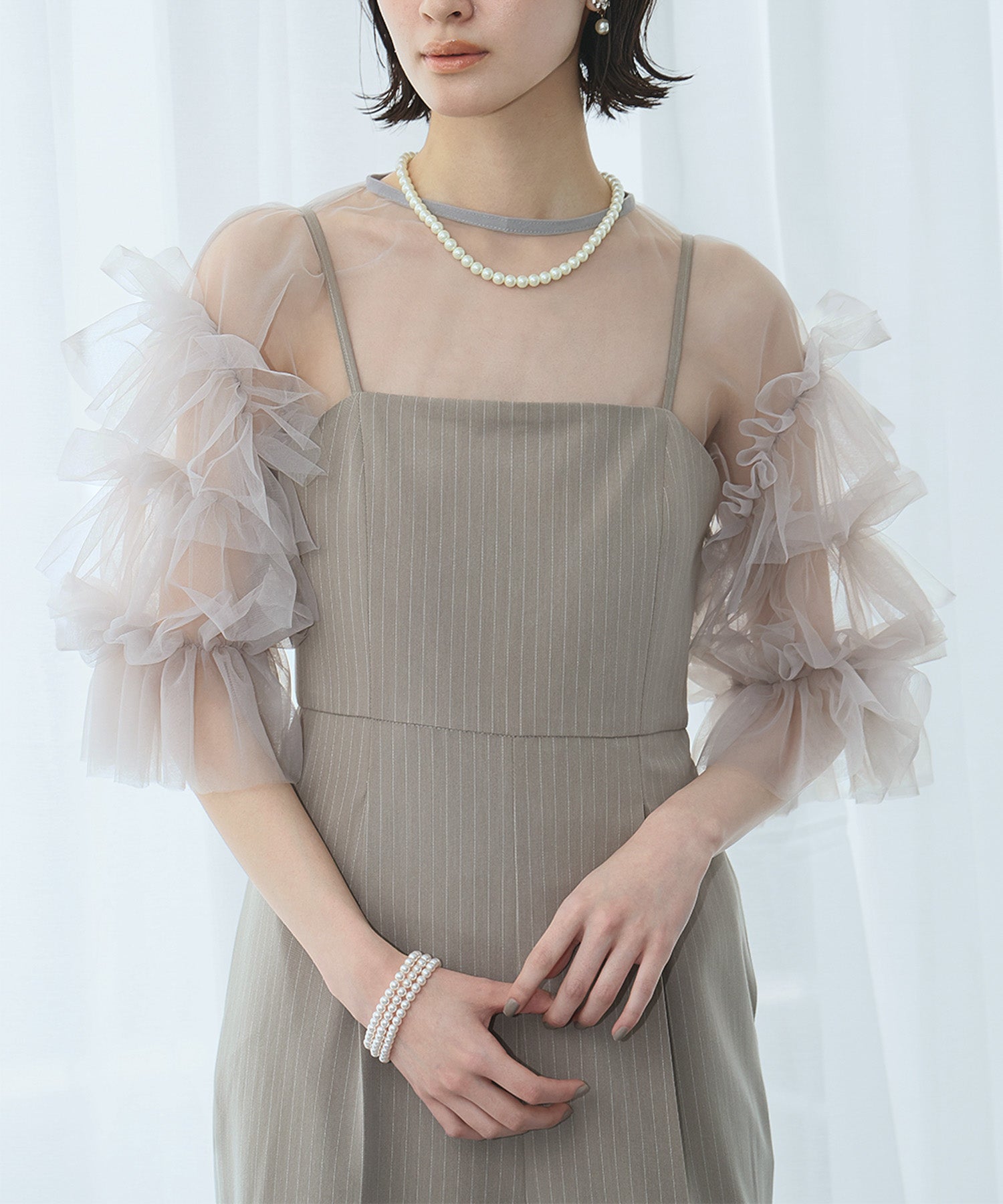 ガール GIRL チュールボリュームスリーブトップス 結婚式 パーティー オケージョン お呼ばれ （グレー） グレー