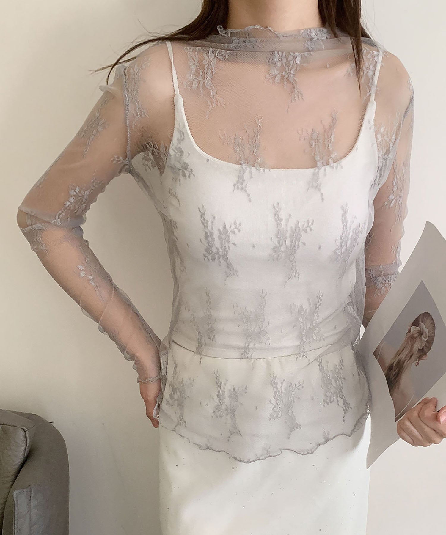 ガール GIRL フラワー刺繍チュールレースシアートップス 結婚式 パーティー オケージョン お呼ばれ （グレー） グレー