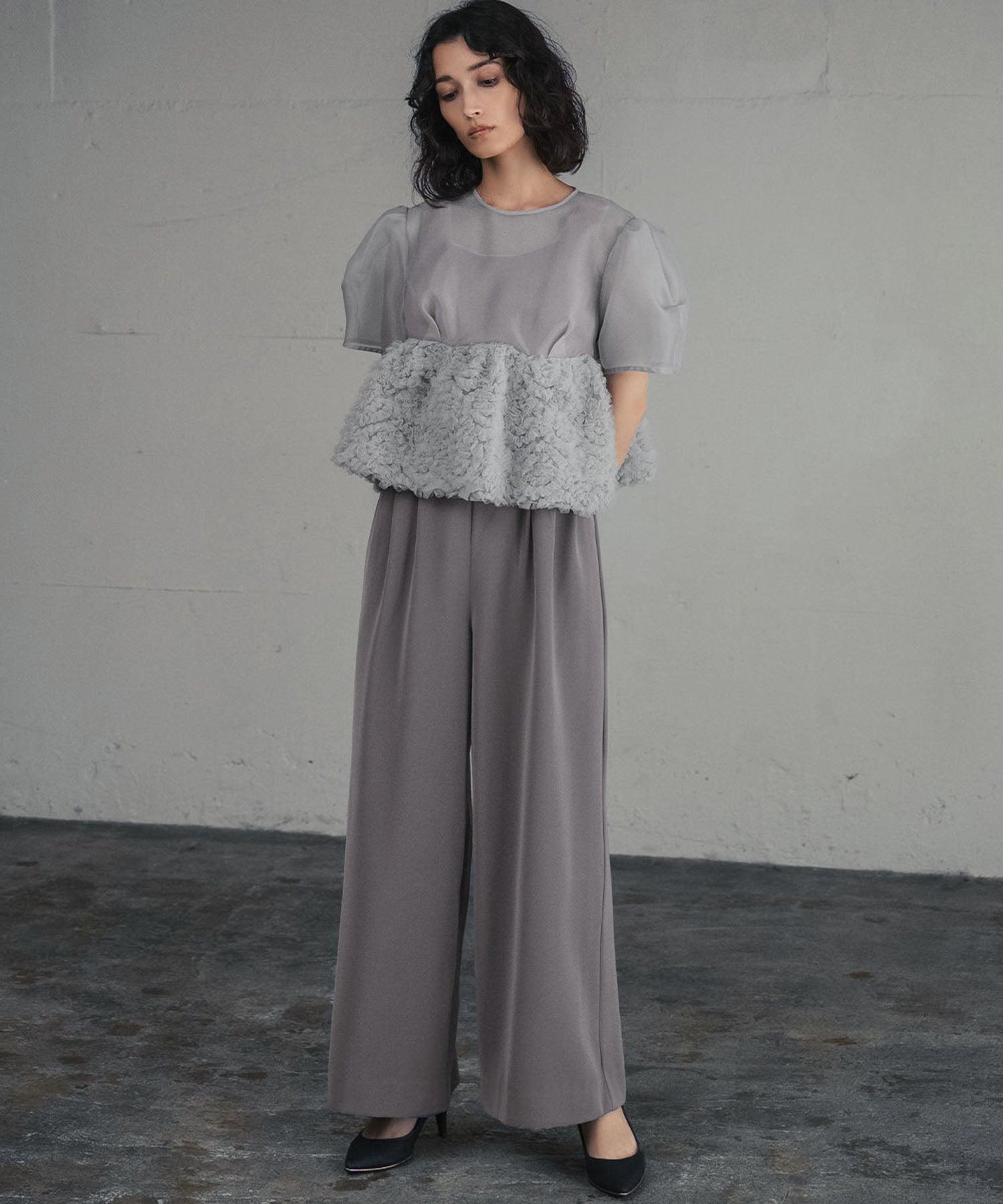 ガール GIRL フリルヘム パフスリーブ オールインワン パンツドレス 2点セット 結婚式 パーティードレス オケージョンドレス お呼ばれ 二次会 成人式 同窓会 （グレー） グレー