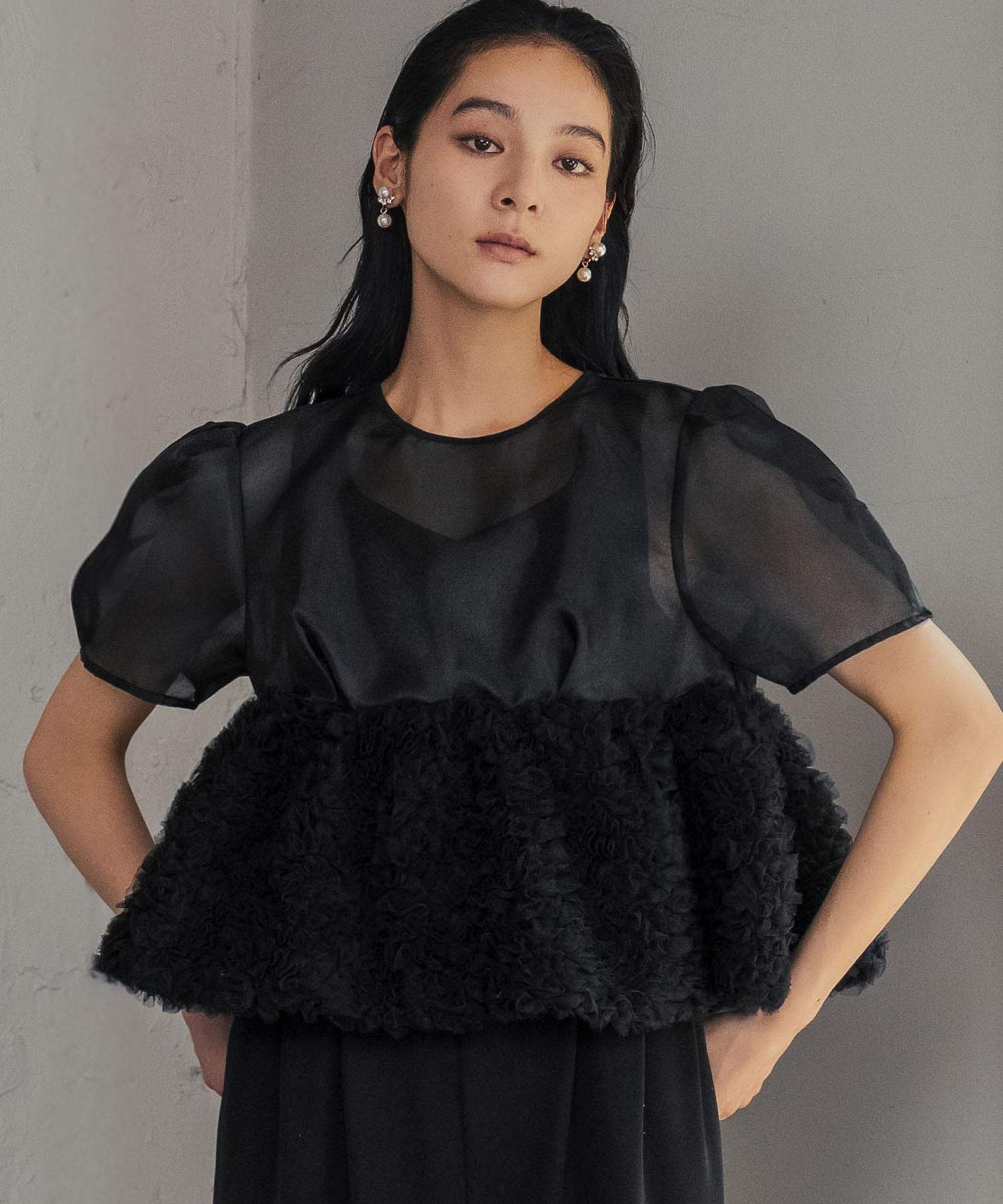 ガール GIRL フリルヘム パフスリーブ オールインワン パンツドレス 2点セット 結婚式 パーティードレス オケージョンドレス お呼ばれ 二次会 成人式 同窓会 （ブラック） ブラック