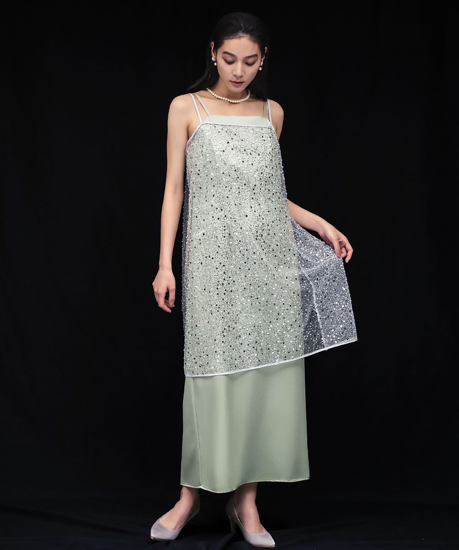 ガール GIRL レイヤードスパンコールチュニック キャミソール キャミワンピ ラップスカート 2WAY 結婚式 ワンピース パーティードレス オケージョンドレス お呼ばれ 二次会 成人式 同窓会 （オフホワイト） オフホワイト