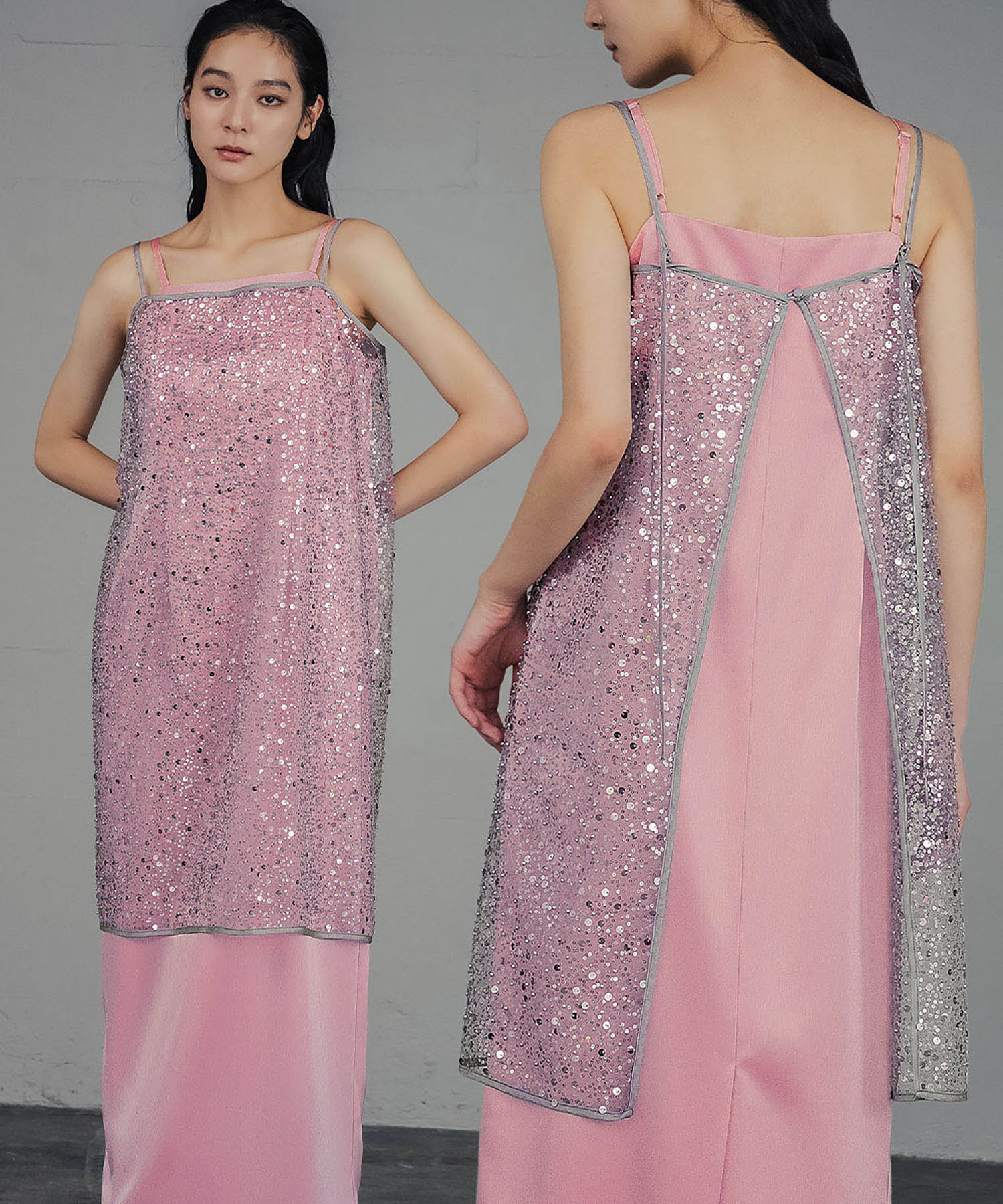ガール GIRL レイヤードスパンコールチュニック キャミソール キャミワンピ ラップスカート 2WAY 結婚式 ワンピース パーティードレス オケージョンドレス お呼ばれ 二次会 成人式 同窓会 （グレー） グレー