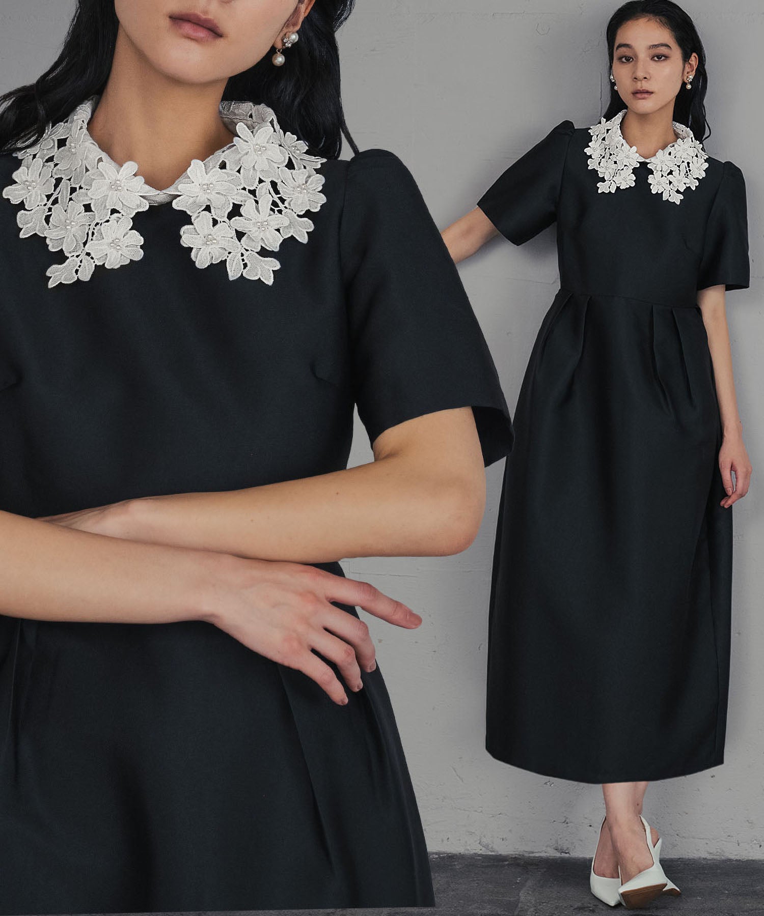 ガール GIRL レースカラー 2wayコクーンシルエット パフスリーブ 結婚式 ワンピース パーティードレス オケージョンドレス お呼ばれ 二次会 成人式 同窓会 （ブラックアイボリー） ブラックアイボリー