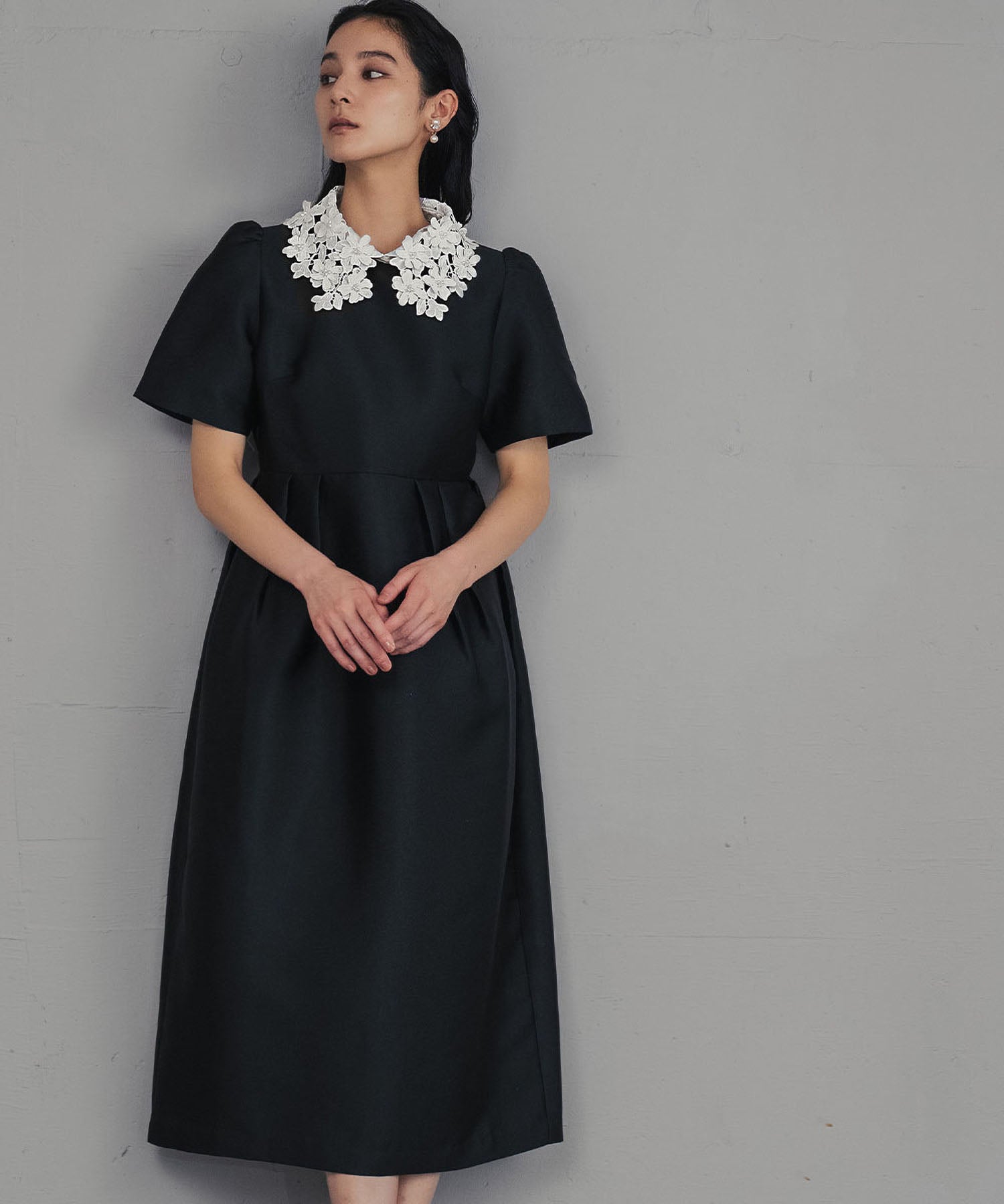 ガール GIRL レースカラー 2wayコクーンシルエット パフスリーブ 結婚式 ワンピース パーティードレス オケージョンドレス お呼ばれ 二次会 成人式 同窓会 （ブラックアイボリー） ブラックアイボリー