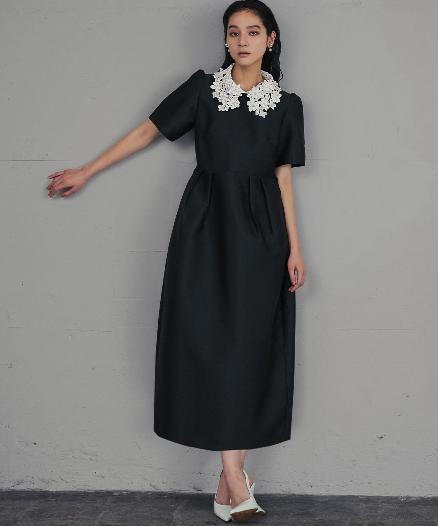 ガール GIRL レースカラー 2wayコクーンシルエット パフスリーブ 結婚式 ワンピース パーティードレス オケージョンドレス お呼ばれ 二次会 成人式 同窓会 （ブラックアイボリー） ブラックアイボリー