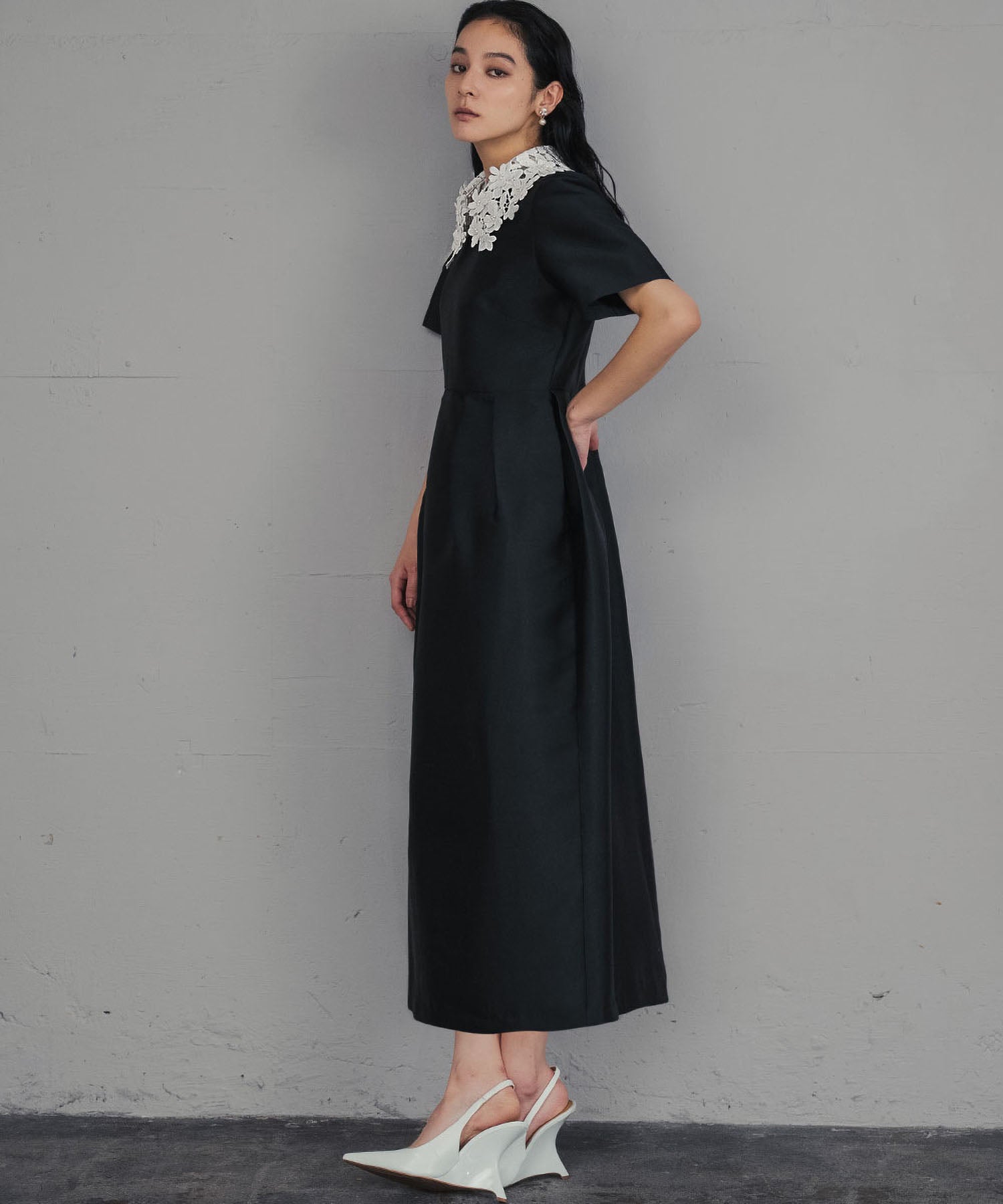 ガール GIRL レースカラー 2wayコクーンシルエット パフスリーブ 結婚式 ワンピース パーティードレス オケージョンドレス お呼ばれ 二次会 成人式 同窓会 （ブラックアイボリー） ブラックアイボリー