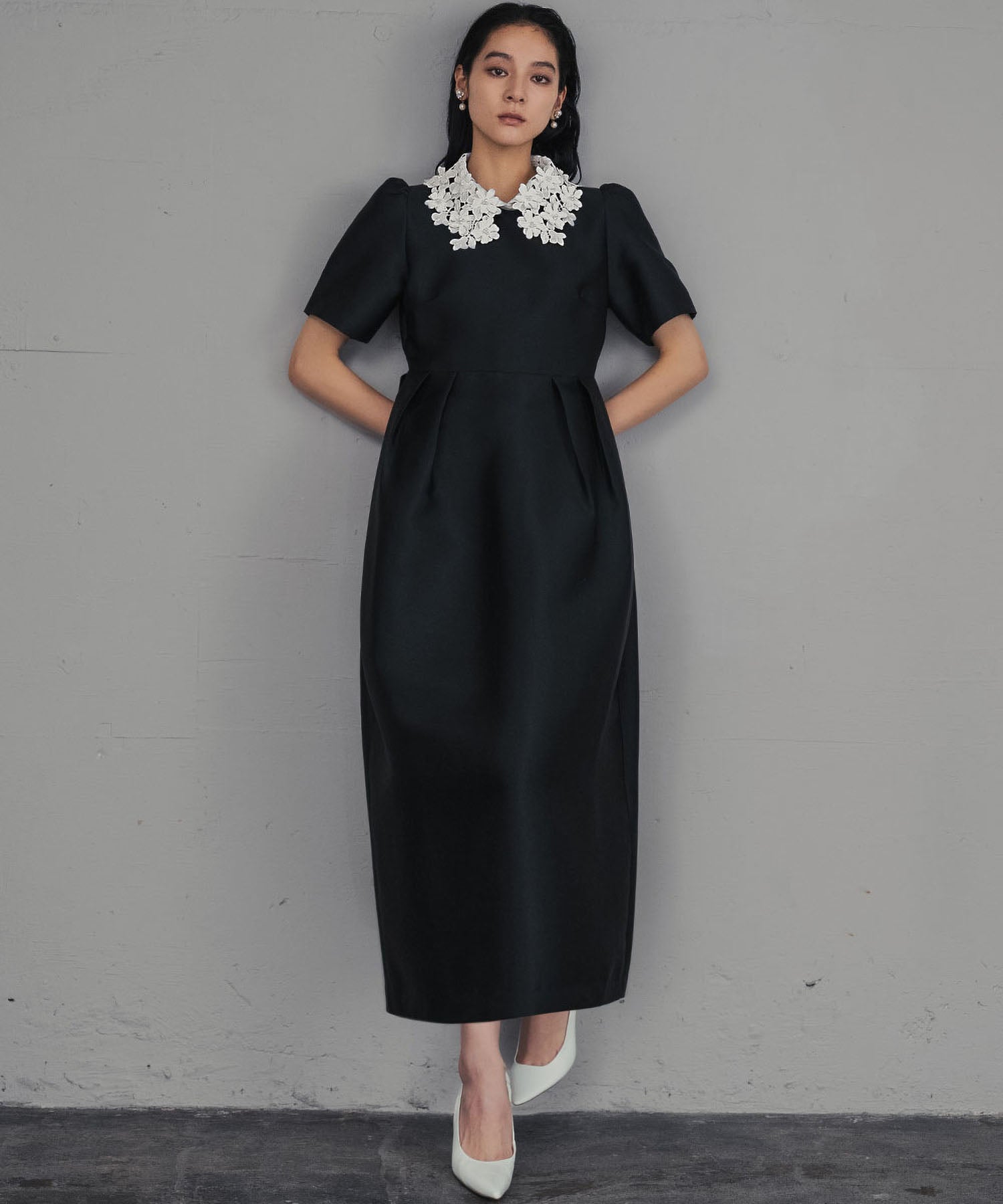 ガール GIRL レースカラー 2wayコクーンシルエット パフスリーブ 結婚式 ワンピース パーティードレス オケージョンドレス お呼ばれ 二次会 成人式 同窓会 （ブラックアイボリー） ブラックアイボリー
