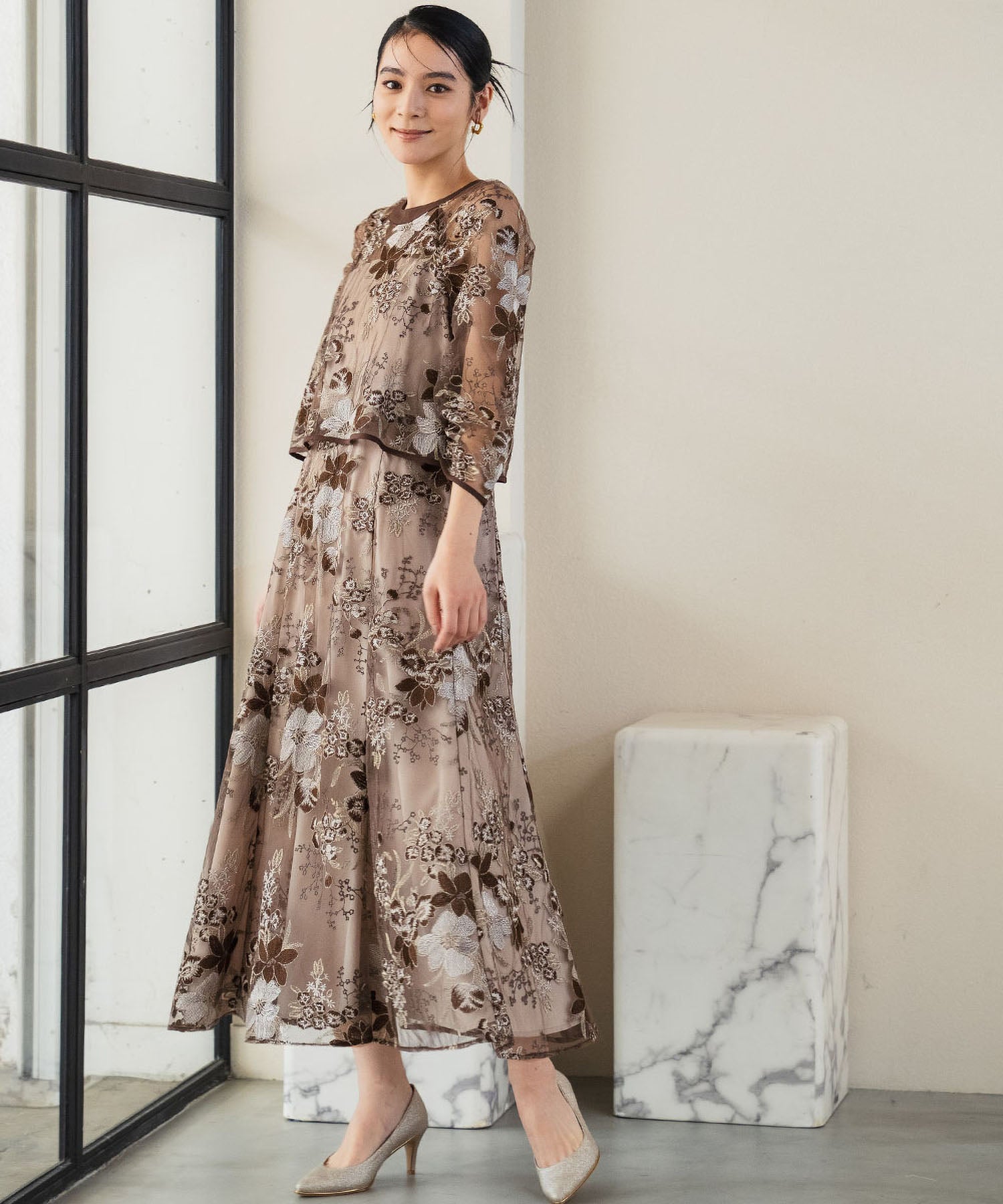 ガール GIRL レース刺繍 ドッキングボレロ フレア ロング 結婚式 ワンピース パーティードレス オケージョンドレス お呼ばれ 二次会 成人式 同窓会 （ブラウン） ブラウン