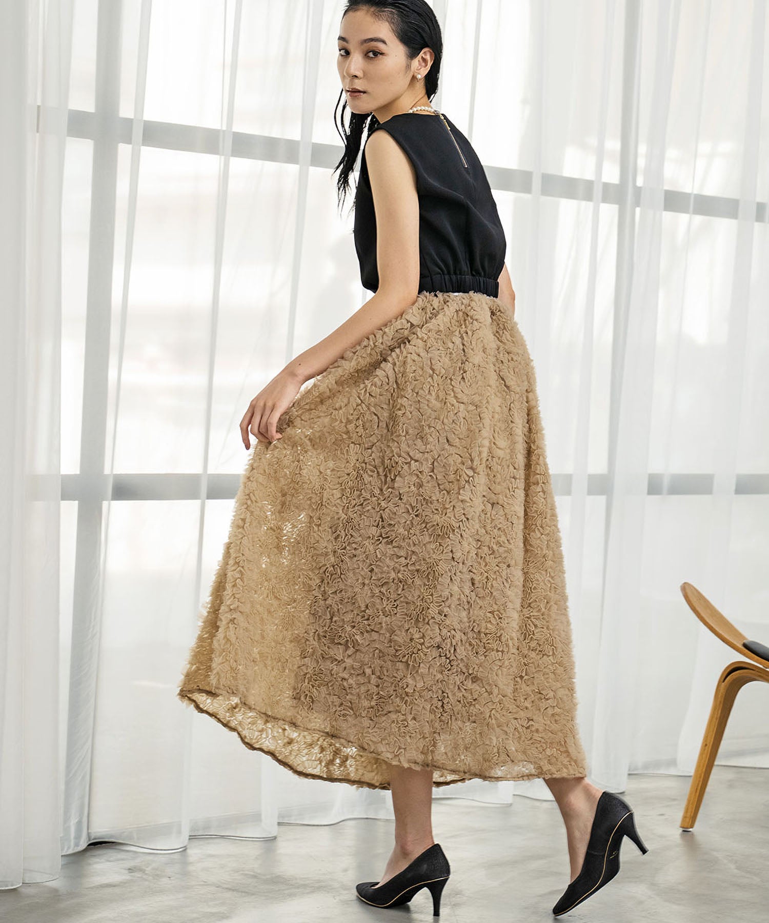 ガール GIRL ノースリーブトップス チュールボリュームスカート もこもこセットアップドレス 結婚式 パーティードレス オケージョンドレス お呼ばれ 二次会 成人式 同窓会 七五三 （ベージュブラック） ベージュブラック