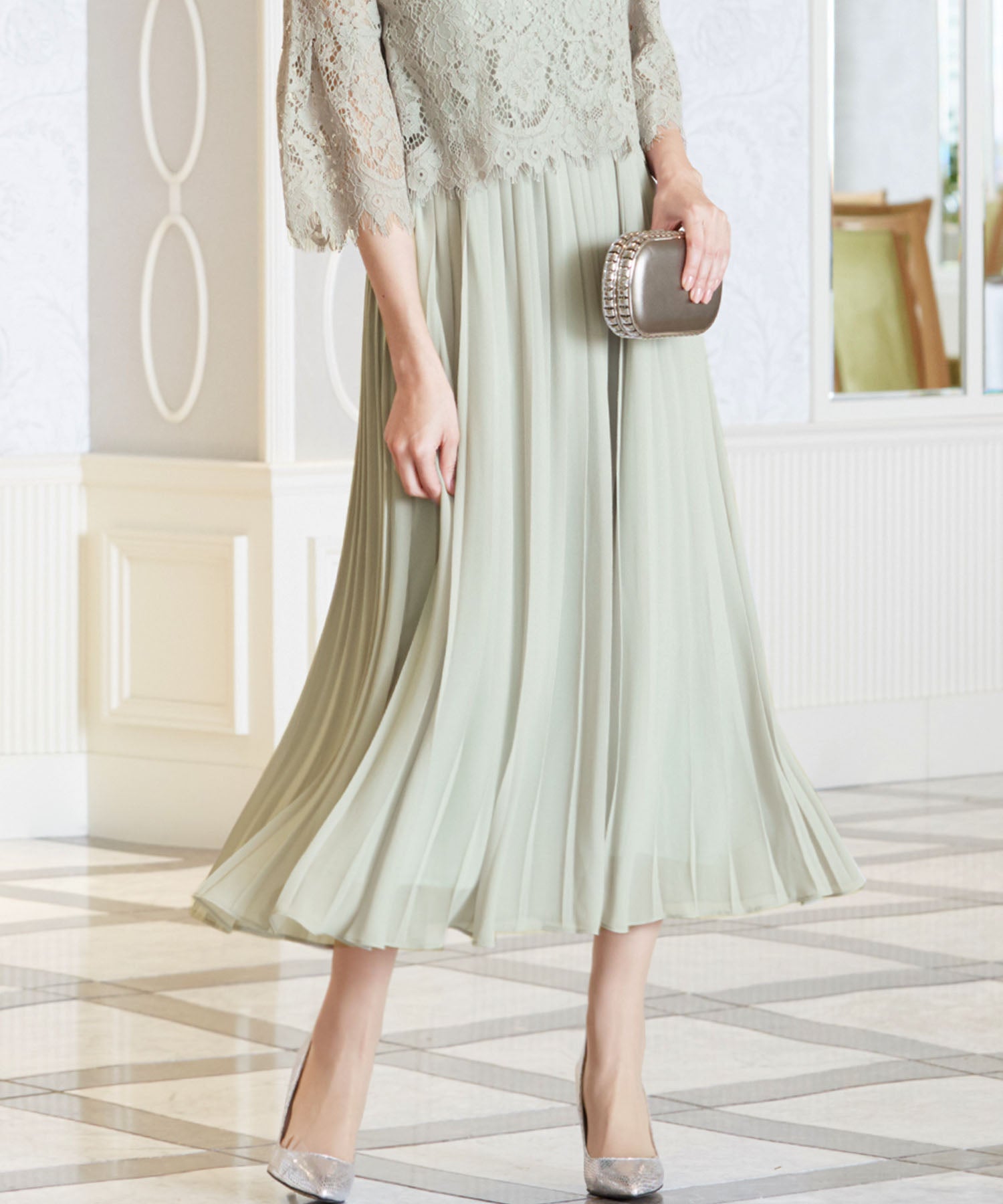 ガール GIRL レースブラウス＆プリーツスカートドッキング結婚式ワンピースドレス