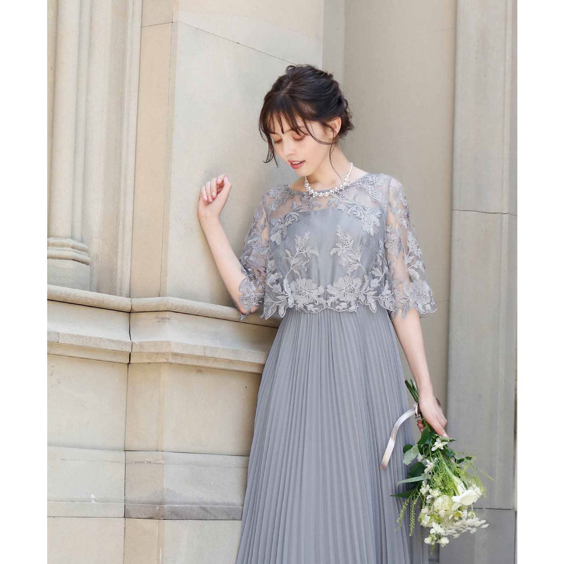 ガール GIRL 刺繍レース切替え5分袖プリーツロング丈結婚式ワンピースドレス （ブルーグレー） ブルーグレー