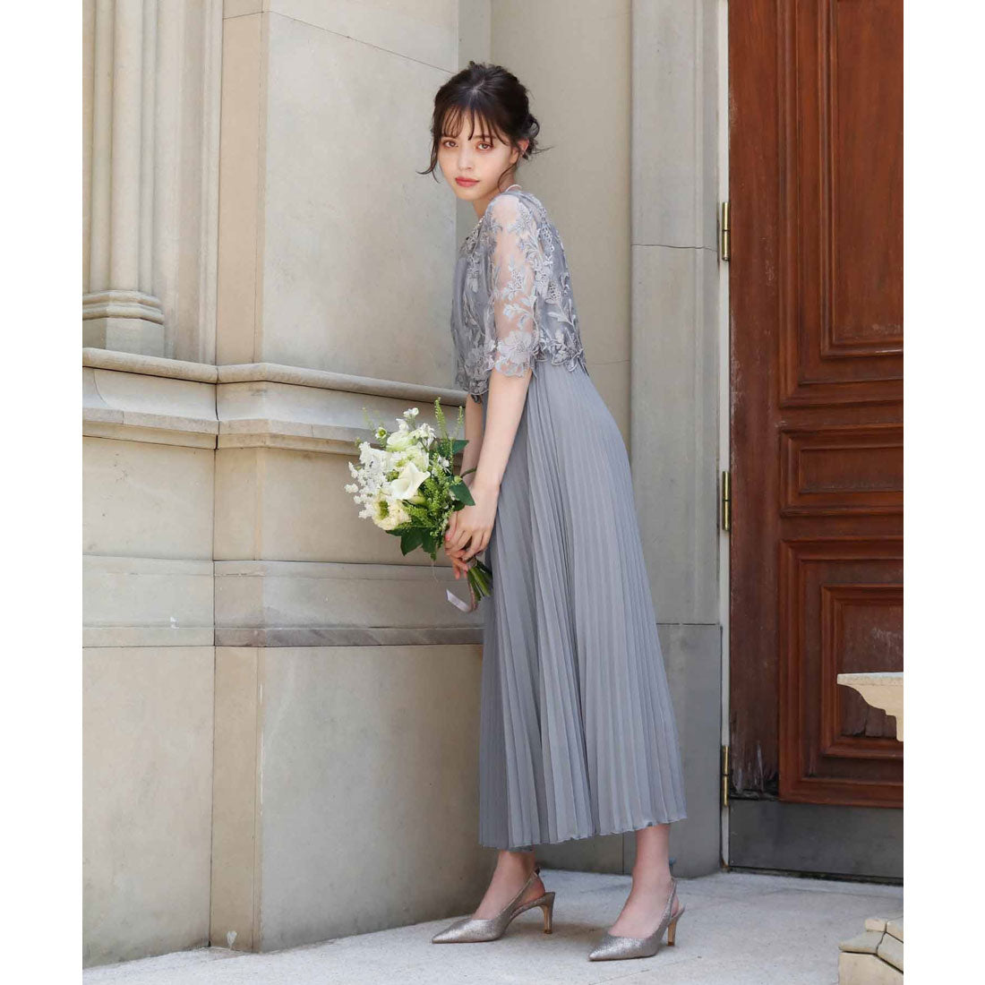 ガール GIRL 刺繍レース切替え5分袖プリーツロング丈結婚式ワンピースドレス （ブルーグレー） ブルーグレー