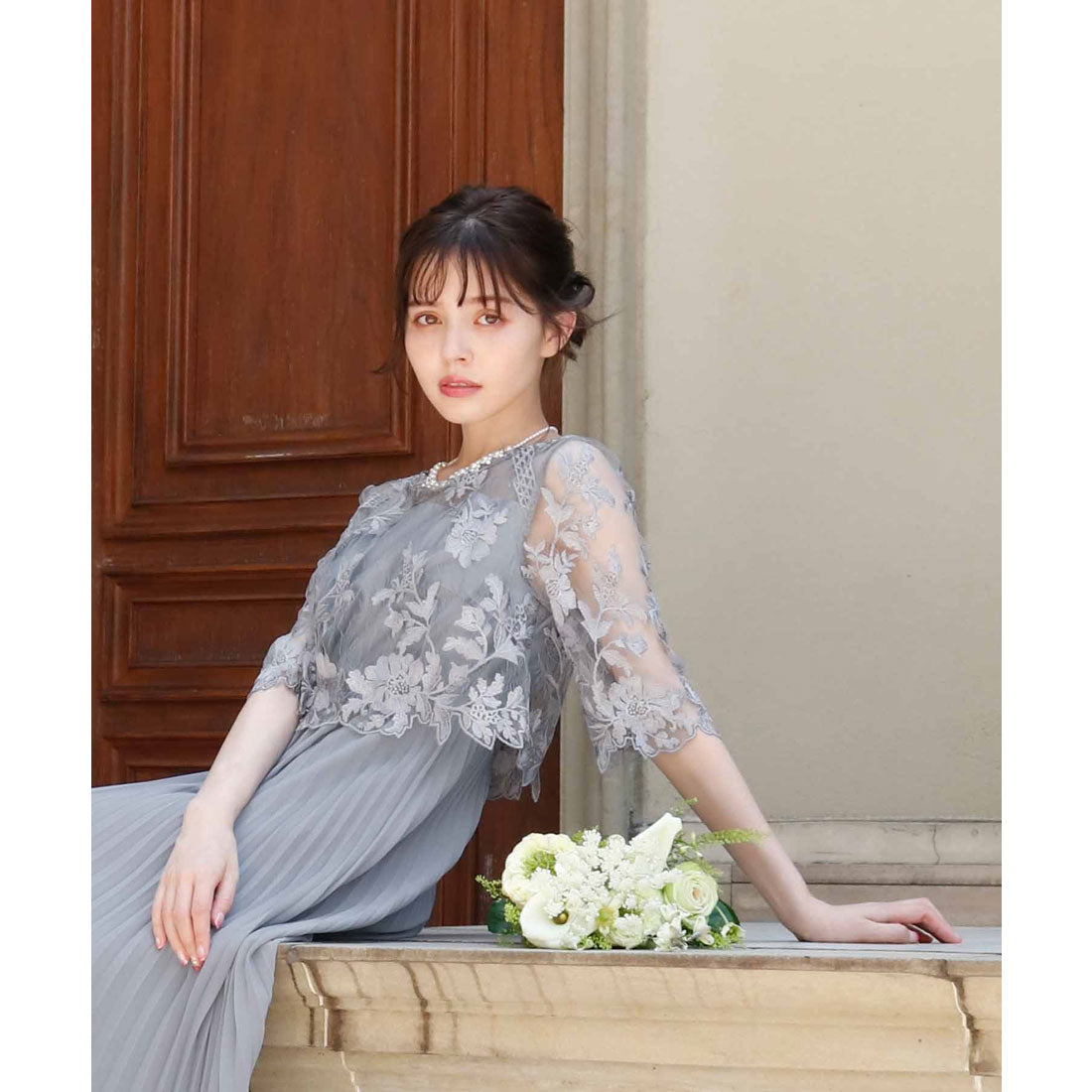 ガール GIRL 刺繍レース切替え5分袖プリーツロング丈結婚式ワンピースドレス （ブルーグレー） ブルーグレー